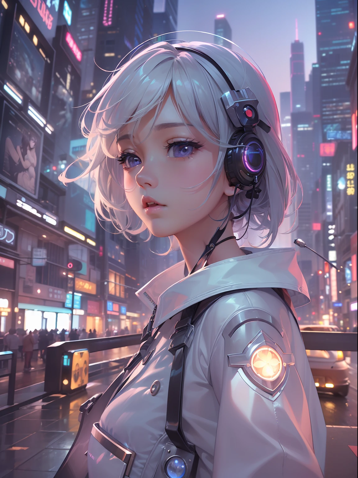 (((​masterpiece)))、(((top-quality)))、((ultra-definition))、(High Definition CG Illustration)、((extremely delicate and beautiful))、City of the Future、Tired、Tired girl、Cinematic Light、独奏、full body Esbian、Cyber City、2060s、kawaii girl、Shining girl、animesque、trending on artstationh、Rachel Walker