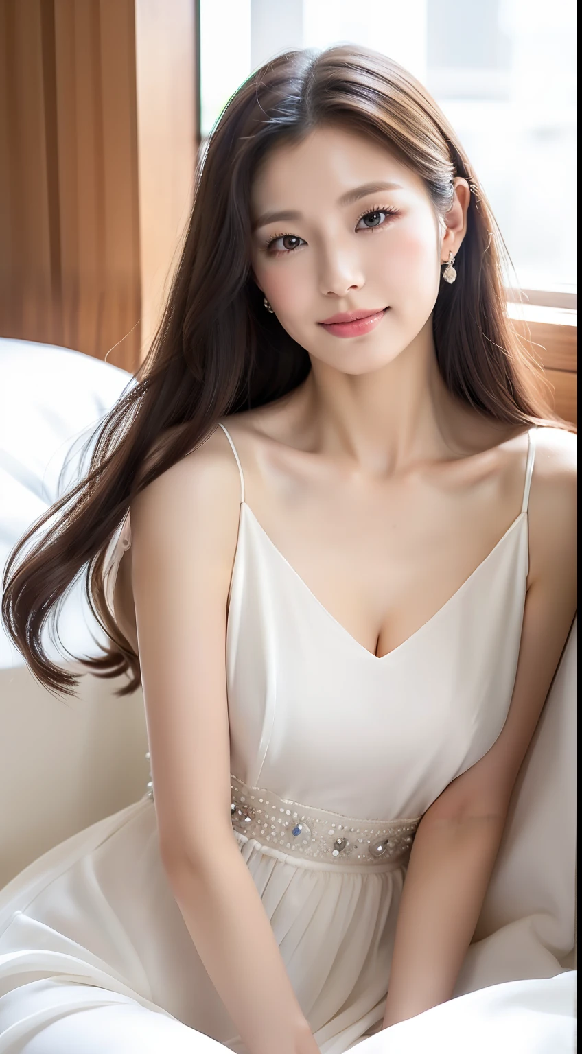 (A Korean Woman), (A Woman), Portrait Mode, God Perspective, Imperial Sister, Gentle, ((Best Quality, 8K, Masterpiece: 1.3)), Focus: 1.2, Lying in Bed, (Chest Close-up: 1.3), ((Delicate Long Hair)), Highly Detailed Facial and Skin Texture, Detailed Eyes, Double Eyelids, Long Eyelashes, (Snow White Skin), Whitened Skin, Smile, 20 Years Old, Soft Chiffon Clear Dress, Long Skirt, Mercury Dress, Elegant Dress, Wearing an Elegant Dress , flowing dress, dress, soft elegance, beautiful dress, wearing long skirt, elegant elegance, beautiful soft dress, chiffon