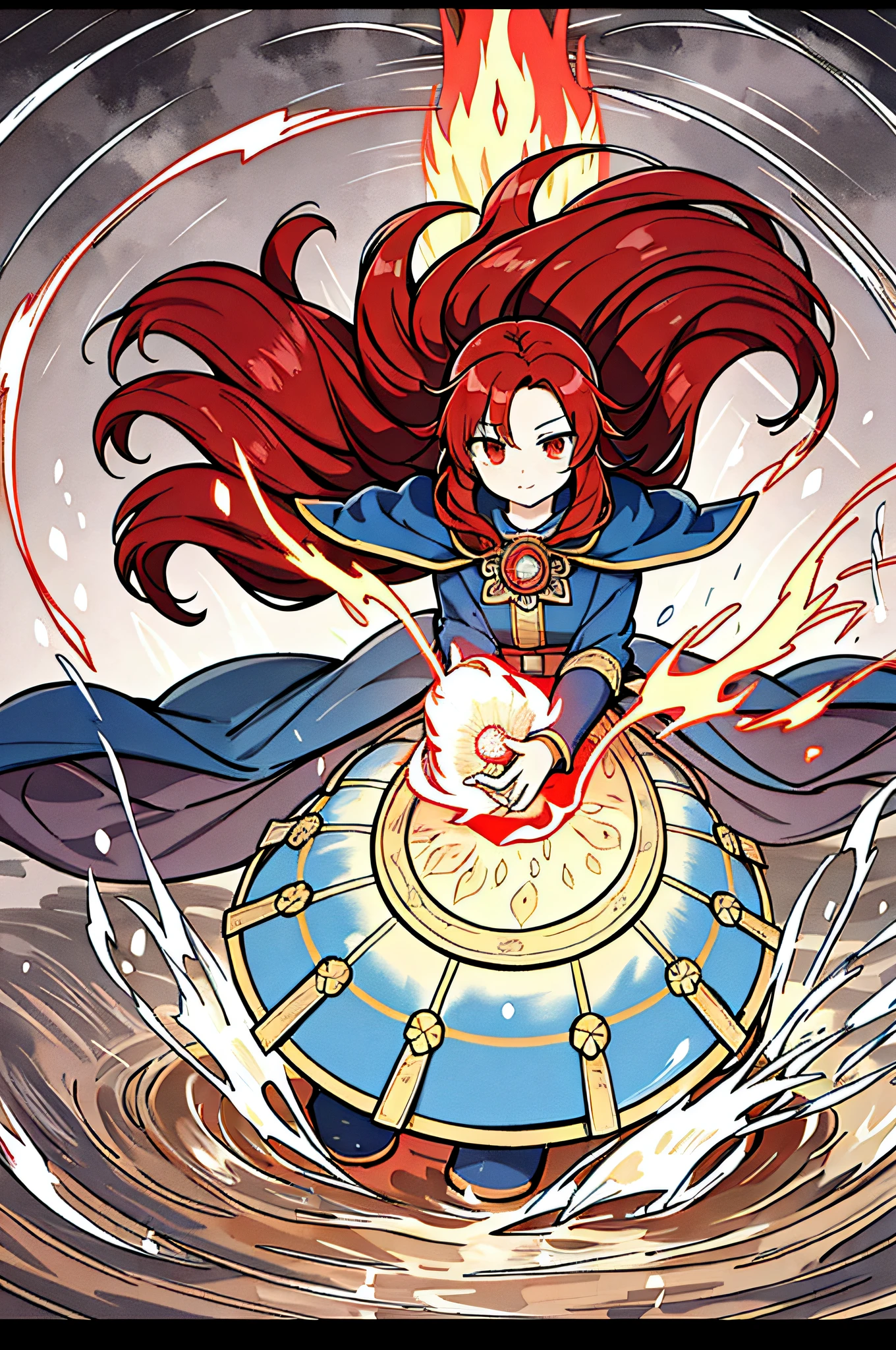 mage surrounded by fire, wind, water and earth, by bestiary_style, masterpiece, best quality, solo, red hair, long hair