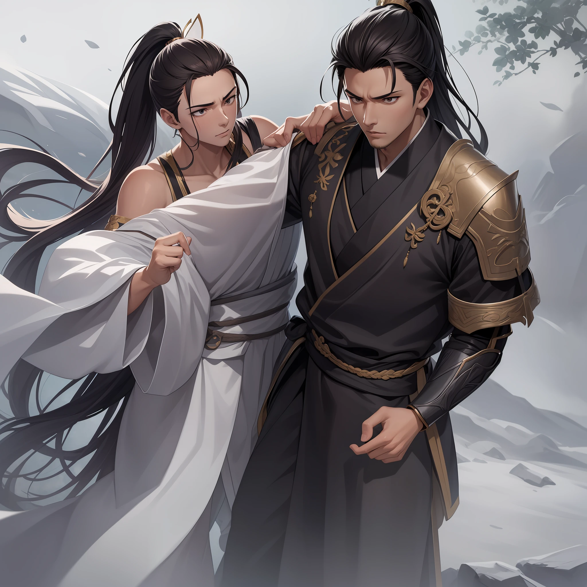 quadratic element,style of anime,mtu(Male Warrior),The proportions are correct,Face details,swordsmen,High ponytail hairstyle,Neck details,There is an Adam's apple,Black Hanfu,kaftan,black toga,clothes details,Handing over,longer sleeves,Game quality,Swordsmanship,Light and shadow tracking,Ray traching,detailed glow,cg render,hair detail,cabelos preto e longos,Black ㇏ eyes,Handsome,Handsome,(juvenile sense),Clothing is complicated,Perfectcomposition,Refinement,high qulity,higher details,Lots of details,The background is complex,a sense of atmosphere,