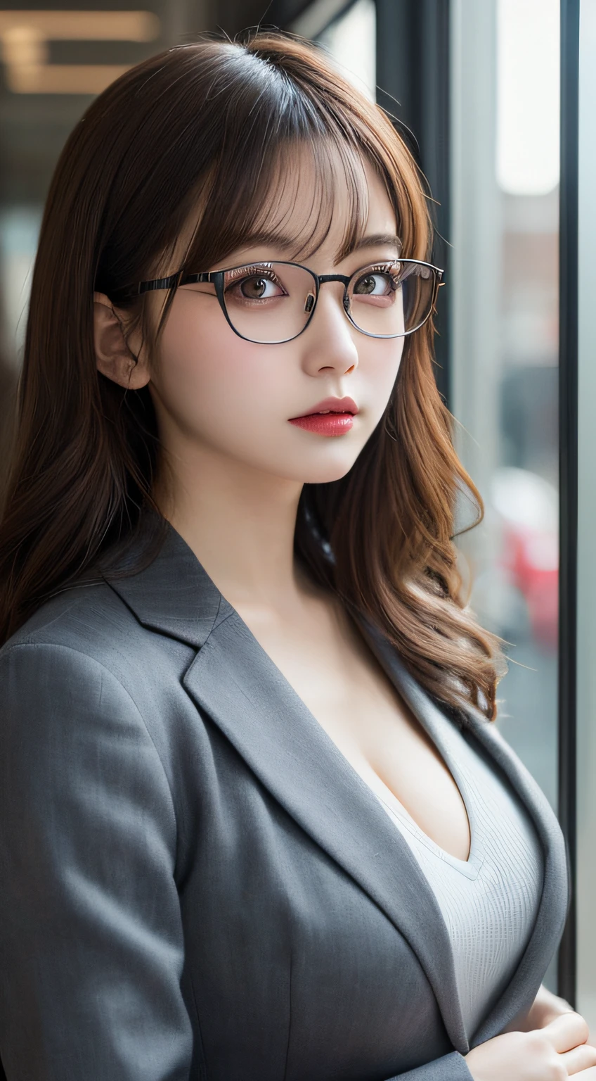 masterpiece, best quality, illustration, ultra-detailed, finely detail, highres, 8k wallpaper, perfect dynamic composition, beautiful detailed eyes, business suit, natural lip, big breasts, natural hair, glasses