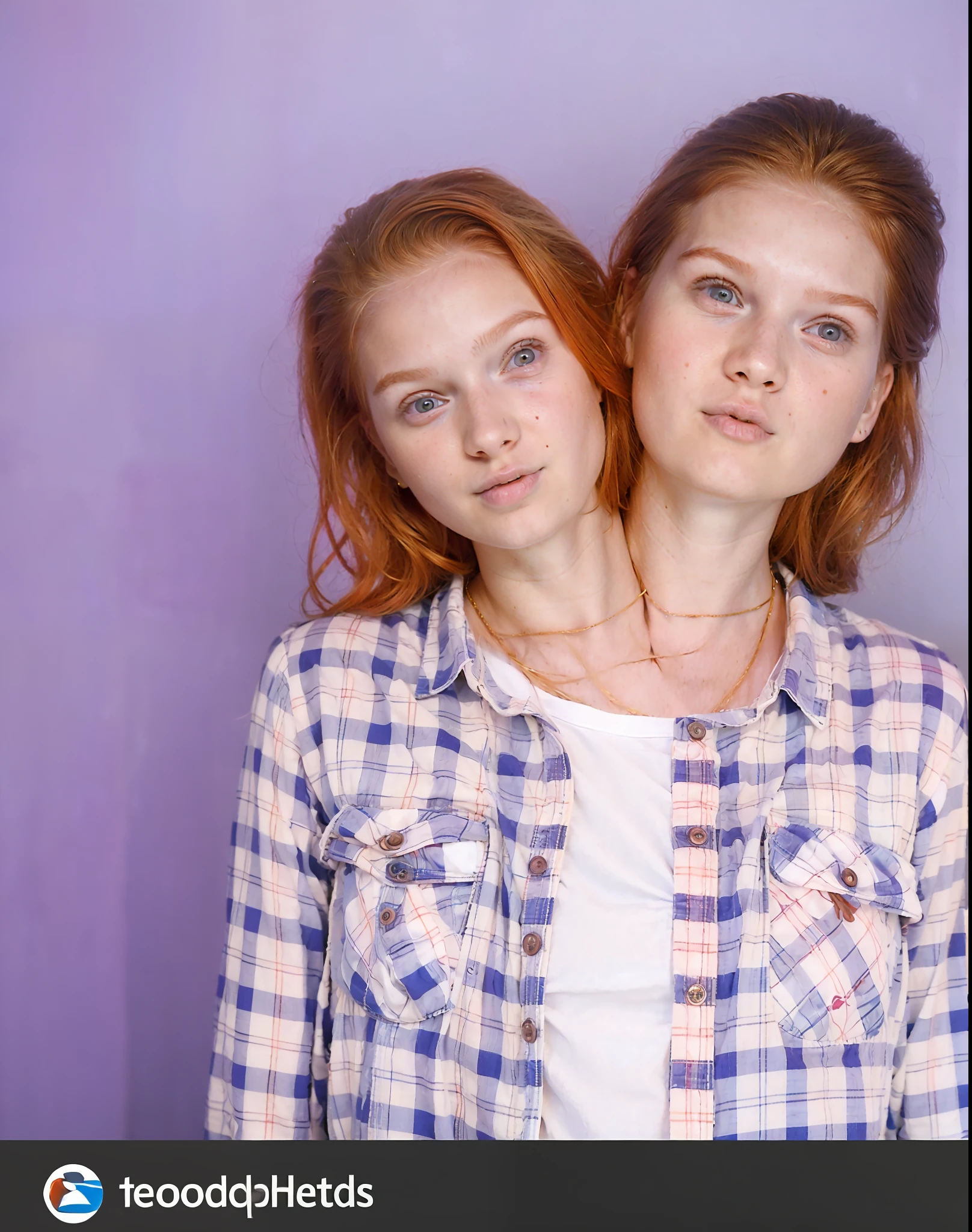 2heads, two headed girl, (teens:1.5), (female:1.5), (fraternal twins:1.5), (one head blonde, other head redhead:1.5), (two heads attached to one body:1.4), conjoined twins, heads side by side, one torso, young, uncomfortable, barefoot