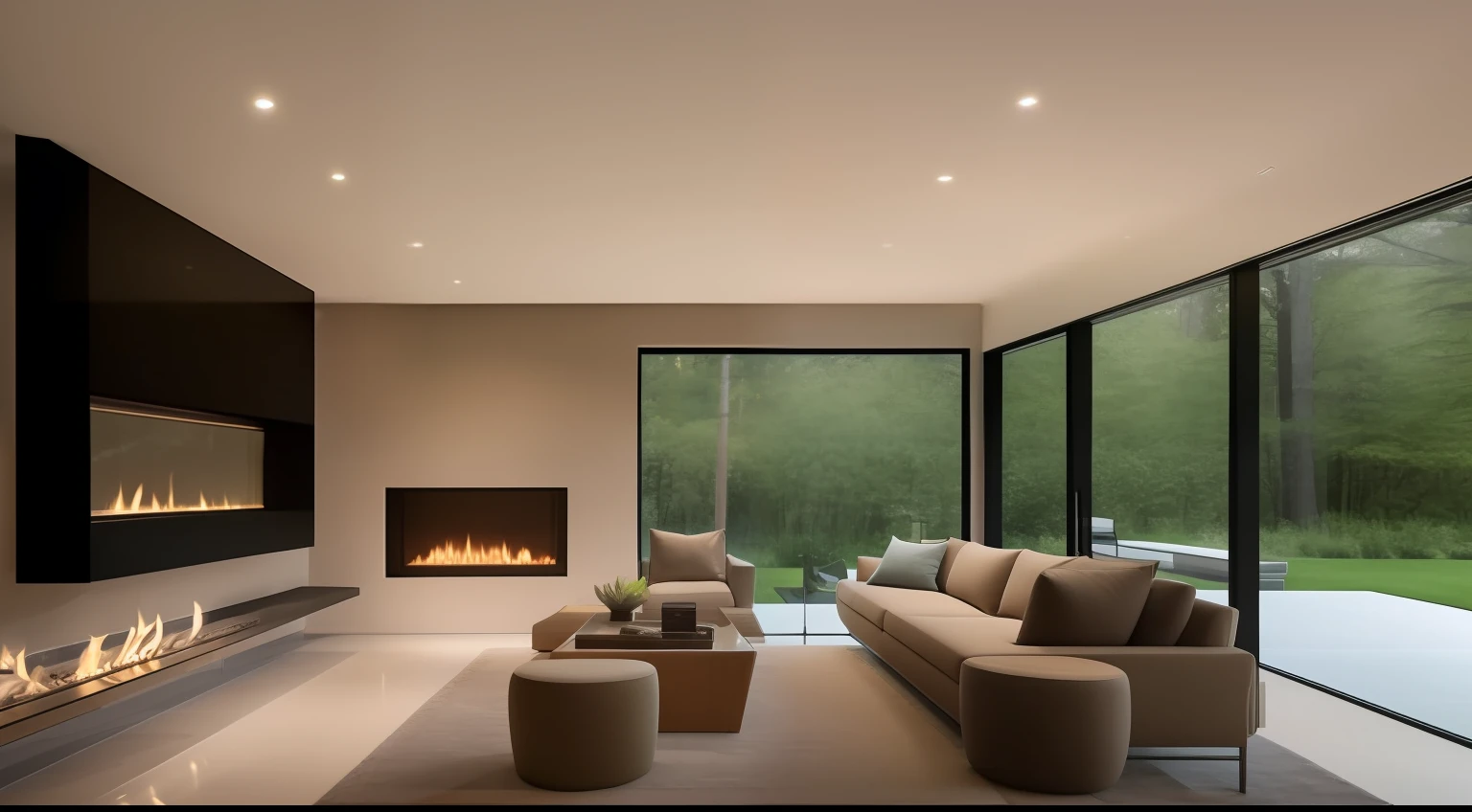 Create AI art that blends the modern living room with a fireplace and elements of nature. The rendering should showcase large windows, allowing natural light to bathe the room. The fireplace can feature stone or wooden textures, bringing the outdoors inside and promoting a sense of tranquility and connection with nature.