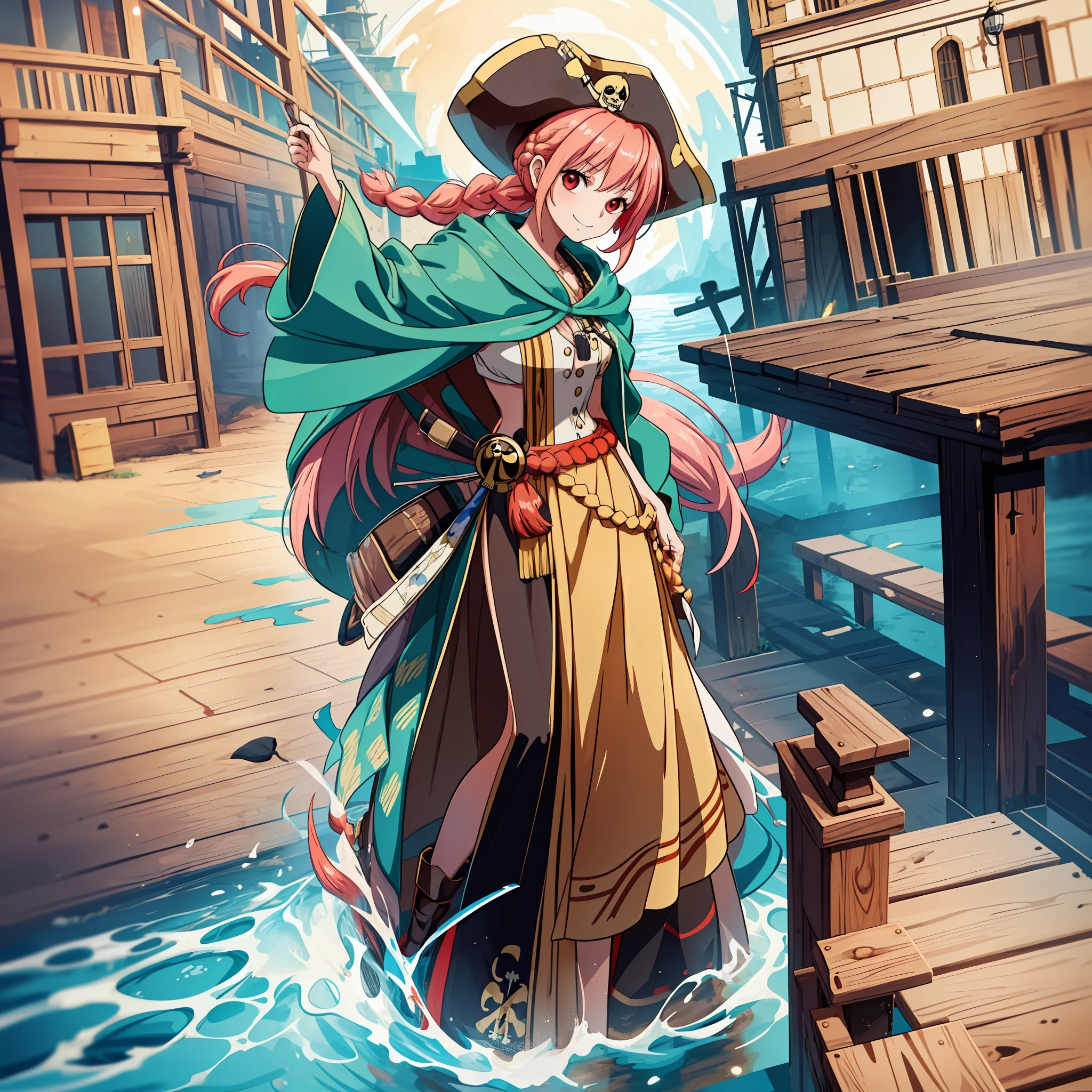 top-quality,​masterpiece,Masterpiece,8k,high-level image quality,High pixel count,detail portrayal,1人の女性,1girl,独奏,Peachy Hair,Long,braid hair,Red eyes,cowboy  shot,Standing figure,Slender body line,pirate clothing,Black pirate clothes,Pirate's Cloak,Pirate Hat,a smile,full bodyesbian,Wooden dock,