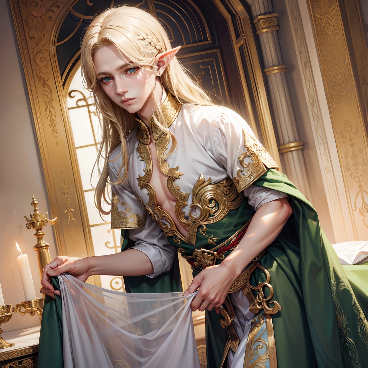 filigree，realisticlying，1boy ，独奏，Long blonde hair，Green eyes，elf prince，Delicate facial features，