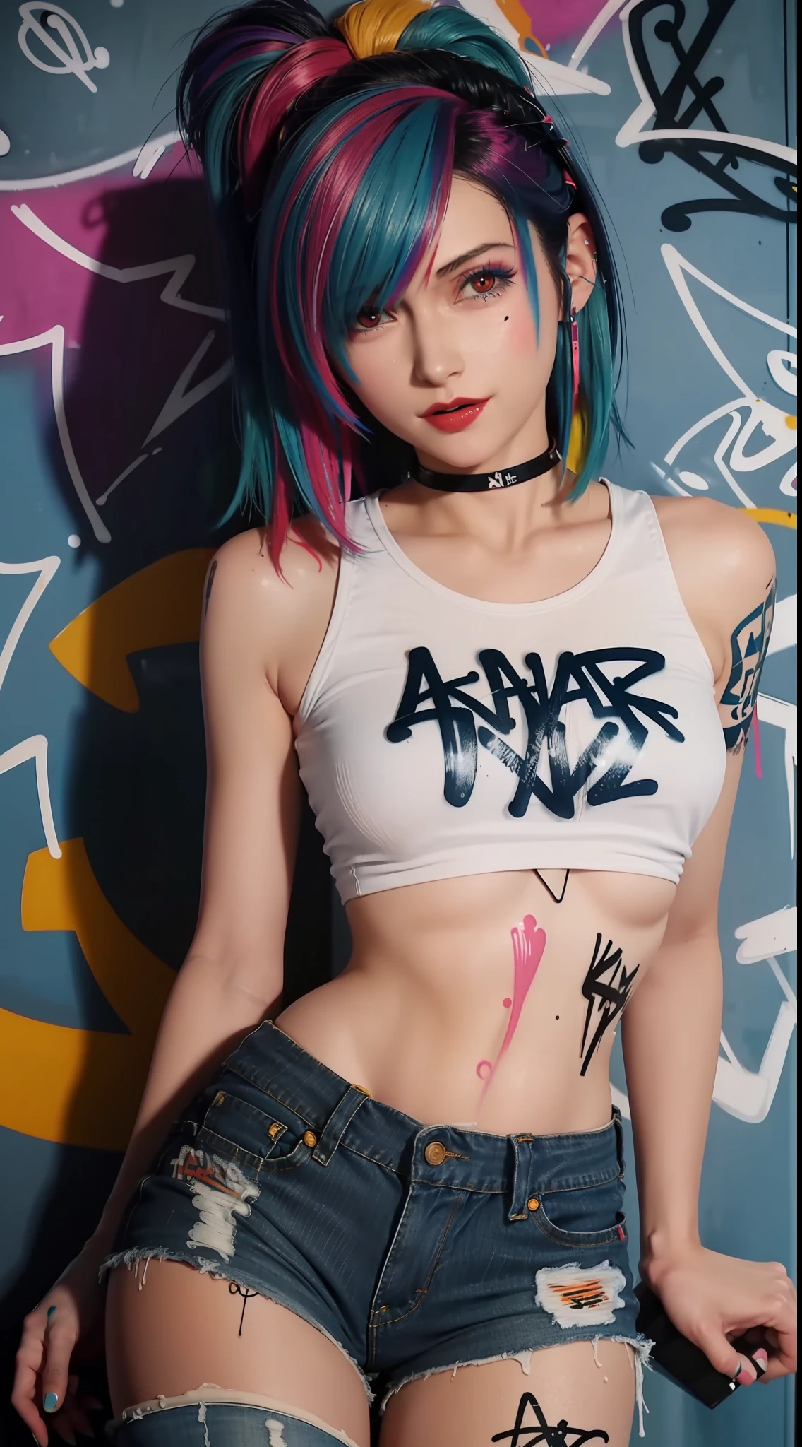 masterpiece, best quality, 1girl, solo, crop top, denim shorts, choker, (graffiti:1.5), paint splatter, arms behind back, against wall, looking at viewer, armband, thigh strap, paint on body, head tilt, bored, multicolored hair, aqua eyes, headset,