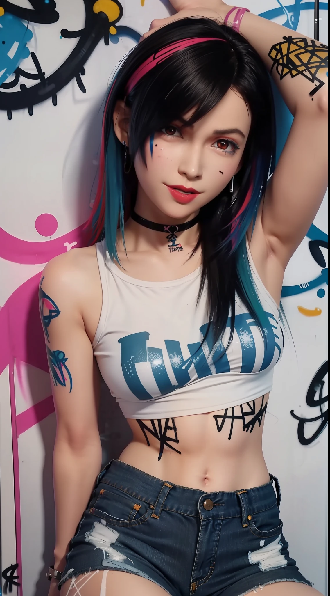 masterpiece, best quality, 1girl, solo, crop top, denim shorts, choker, (graffiti:1.5), paint splatter, arms behind back, against wall, looking at viewer, armband, thigh strap, paint on body, head tilt, bored, multicolored hair, aqua eyes, headset,