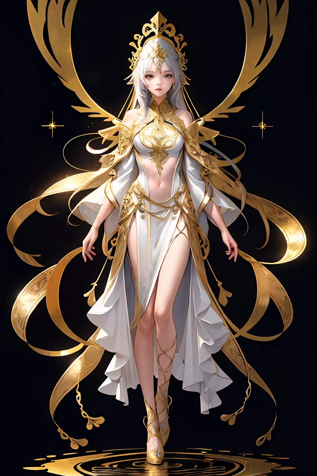 8K raw photo, Best quality, masterpiece, ultra high res, (zentangle, mandala, tangle, entangle),colorful,(photorealistic:1.4),raw photo, neonlight\(ttp\),1girl,tall female, skinny, slim_legs, solo,(perfect body shape),holy light,gold foil,gold leaf art,glitter drawing,(full body), ban,yuechan_wedding_lothes, gadaxintai, Neon Light,