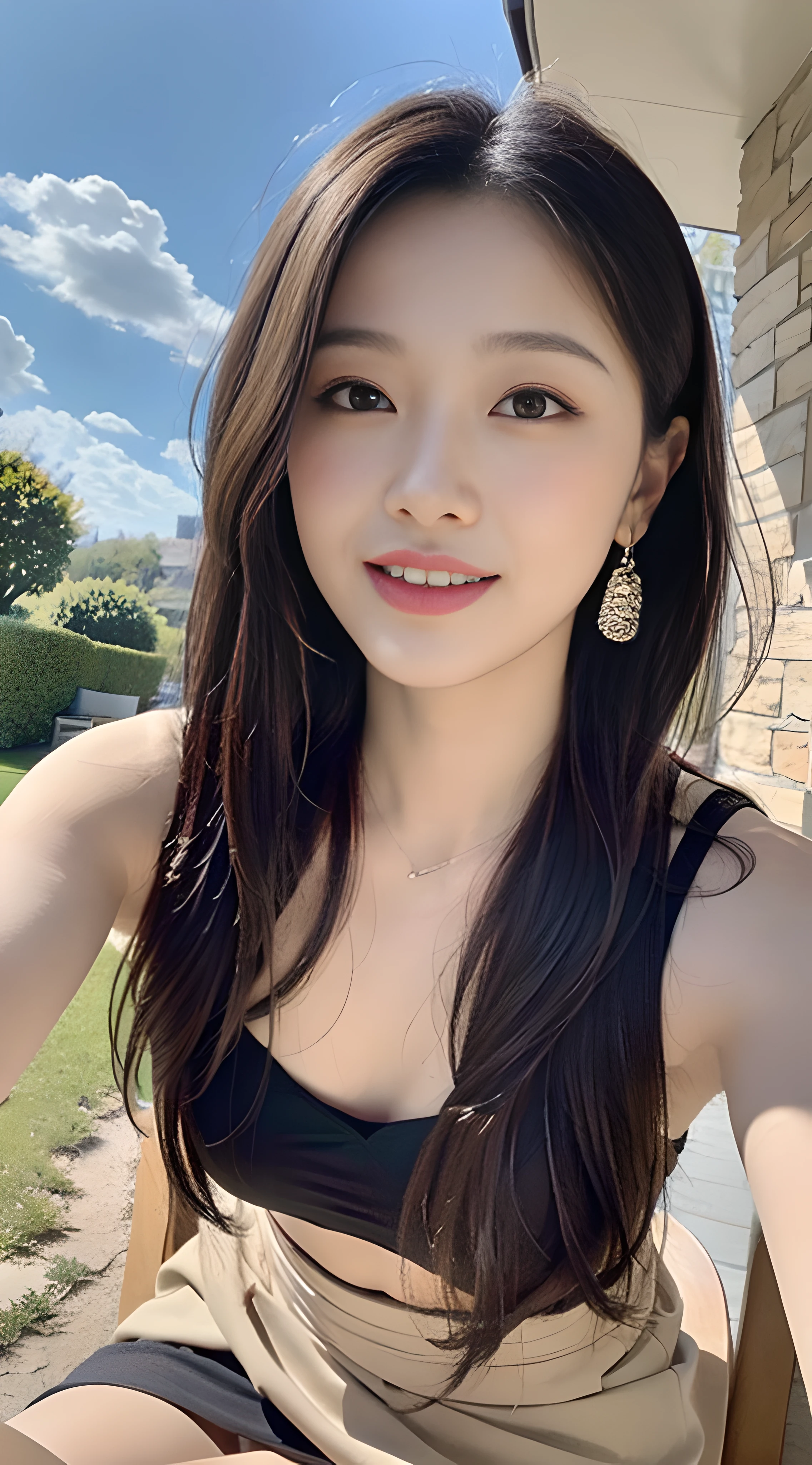 A young and beautiful,Beautiful cute girl,half-body photo。Extremely beautiful and delicate,Black color hair,A sweet smile,(Delicate and beautiful fair skin),Realistic and realistic,exquisite and complete facial features,Detailed depiction of the face,tall nose bridge,Smooth hair,extremely detail hair,Feminine temperament,with a well-proportioned body,Realiy,White teeth,Tied up with hair,Hyper-realism,sandals,Extreme picture quality,Highest precision,Precise and perfect human anatomy,with blue sky and white clouds,rays of sunshine,(Chiffon skirt)(telephoto shot,)Express the landscape,Highlight portrait。inside a luxury Villa。Wearing earrings,Sideways photo,Wear a cowboy hat,Sit up