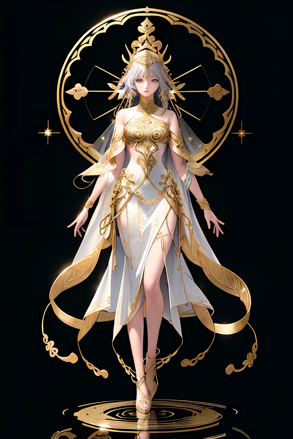 8K raw photo, Best quality, masterpiece, ultra high res, (zentangle, mandala, tangle, entangle),colorful,(photorealistic:1.4),raw photo, neonlight\(ttp\),1girl,tall female, skinny, slim_legs, solo,(perfect body shape),holy light,gold foil,gold leaf art,glitter drawing,(full body), ban,yuechan_wedding_lothes, gadaxintai, Neon Light,