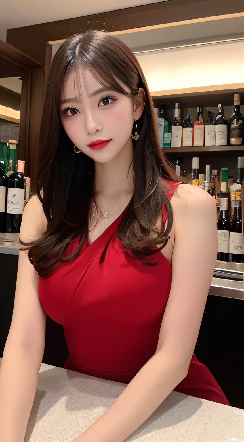 masterpiece, best quality, illustration, ultra-detailed, finely detail, highres, 8k wallpaper, perfect dynamic composition, beautiful detailed eyes, she is Hostesses, natural lip color, red gorgeous dress , big breasts , full body, in hostess bar, sexy face, have glass