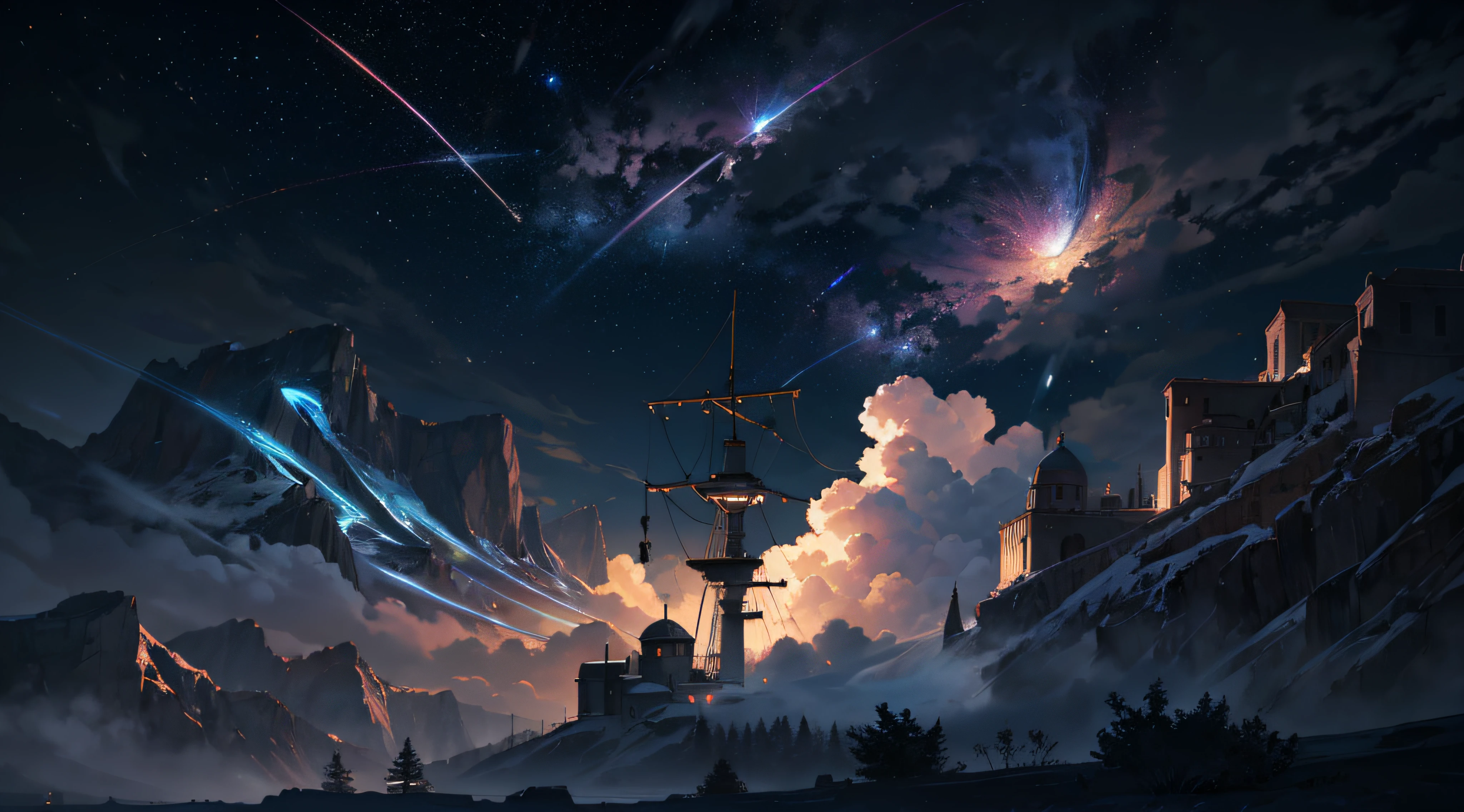 Expansive landscape photograph，（moon full：1.2），（meteors：0.9），（Starcloud：1.3），（Warm light source：1.2），（glowworm：1.2），lamp lights，Lots of purple and orange，Complicated details，Volumetriclighting，Realism BREAK（tmasterpiece：1.2），（best qualtiy），8K，Ultra-detailed，（dynamic compositions：1.4），The is very detailed，Colorful details，（Irridescent color：1.2），（luminouslighting，Atmospheric lighting），dream magical，magical，（独奏：1.2），（（best qualtiy））， （（tmasterpiece））， （the detail：1.4），depth of fields，maximum definition and sharpness，perfectly proportions，Fluttering clouds，Wallpapers