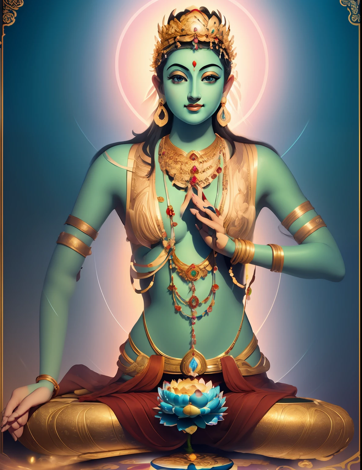 There is a beautiful goddess sitting on a large lotus flower in the void,Perfect body posture,Long curved eyebrows,Beautiful eyes sparkle,The large, Jewel-like eyes sparkle,Clear pupils have reflected light,二重まぶた,((Plump and rosy lips))Nipples clearly visible,((Flushed cheeks)),The mandible is plump,Fair skin is delicate and smooth,Delicate skin translucent,A delicate and dexterous crown,inlaid gemstones,Exquisite and ingenious,inlaid gemstones,Sitting on a light red lotus in the air,look straight at the camera,((Pinch the stem of the lotus flower with one hand)),Place the other hand(((Open palms))),((nice hand)),((Good feet)),(good legs),realisticlying,white skinned,((Correct body structure)),White clothing,decorated in white,baiyun,Blue sky,Head background with round light,Behind him is a colorful rainbow circle,Color glow is turned on,Front lighting,Positive light,No shadows on the face,There are no shadows on the body,Blue sky,Unreal space,ethereal world,dreamworld,with blue sky and white clouds,tmasterpiece,4K,ultra-definition,professional photoshooting,Perspective looks up,Standard lens shooting,