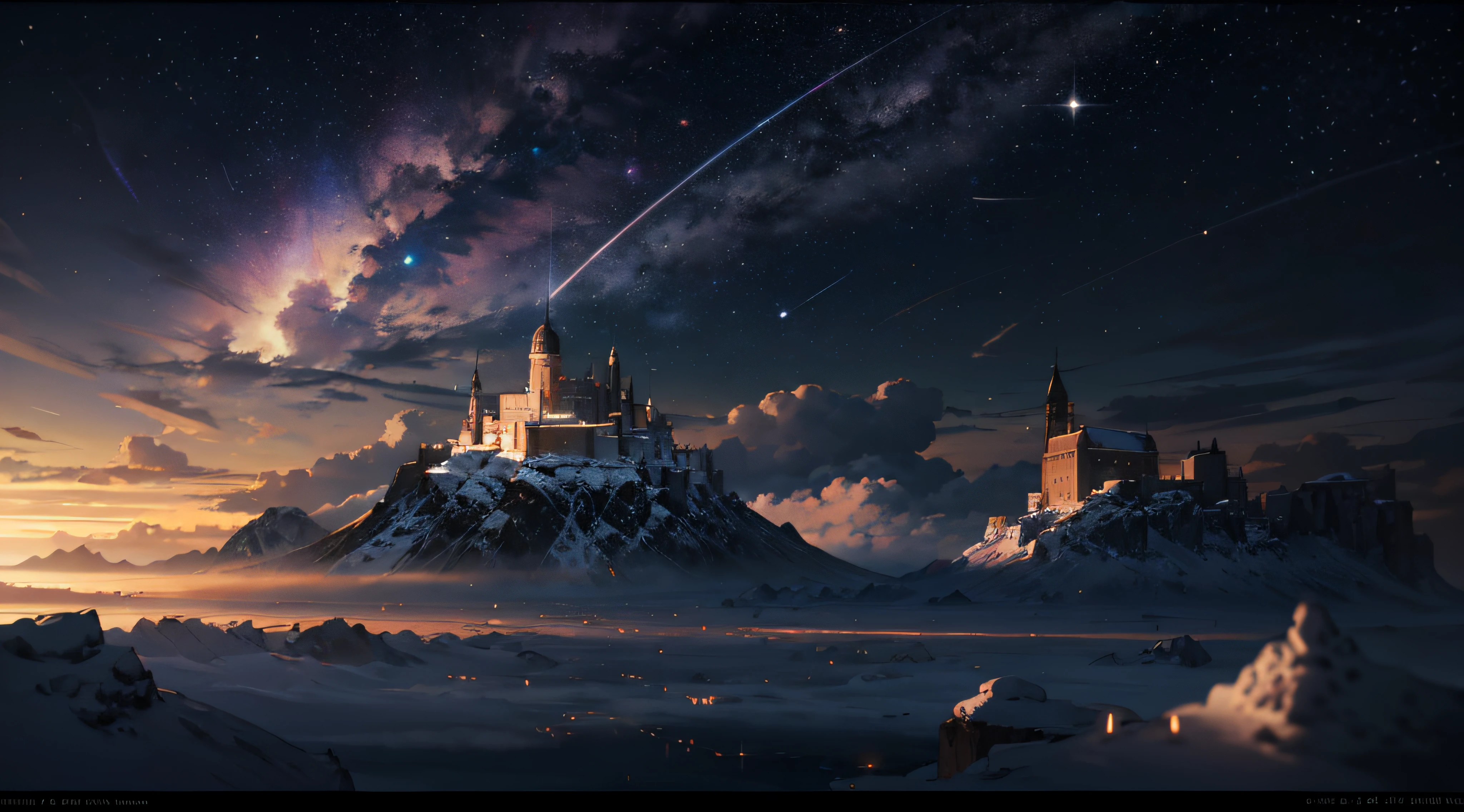 Expansive landscape photograph，（moon full：1.2），（meteors：0.9），（Starcloud：1.3），（Warm light source：1.2），（glowworm：1.2），lamp lights，Lots of purple and orange，Complicated details，Volumetriclighting，Realism BREAK（tmasterpiece：1.2），（best qualtiy），8K，Ultra-detailed，（dynamic compositions：1.4），The is very detailed，Colorful details，（Irridescent color：1.2），（luminouslighting，Atmospheric lighting），dream magical，magical，（独奏：1.2），（（best qualtiy））， （（tmasterpiece））， （the detail：1.4），depth of fields，maximum definition and sharpness，perfectly proportions，Fluttering clouds，Wallpapers
