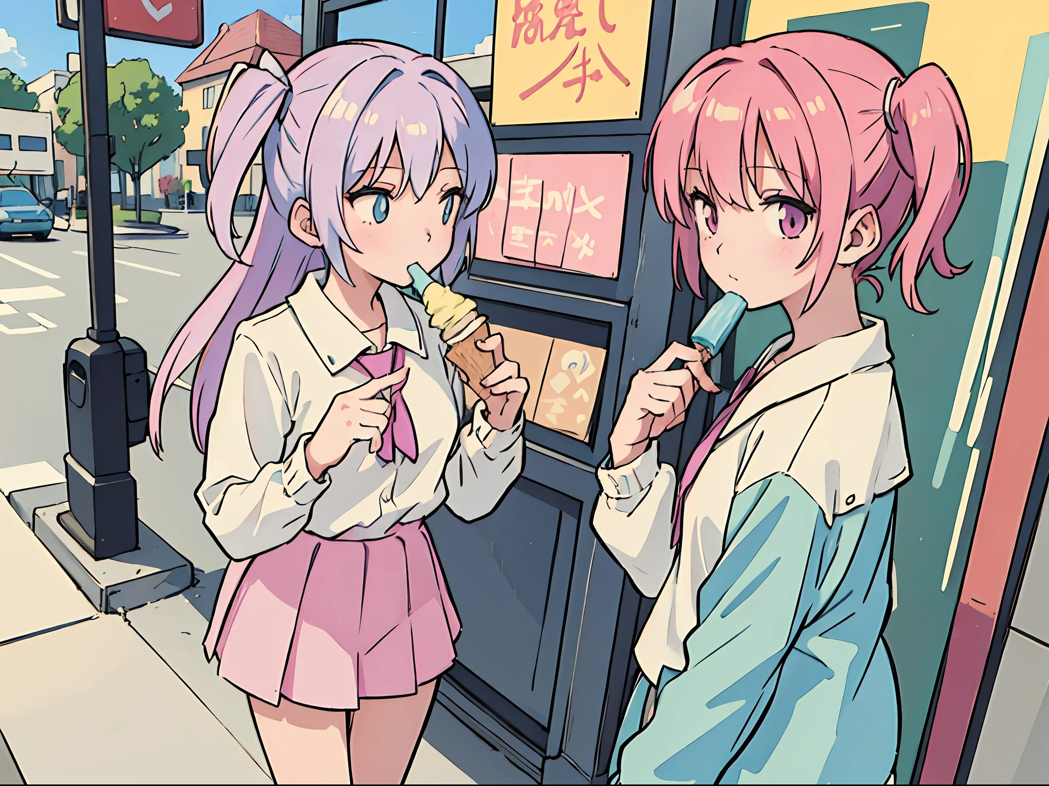 ​masterpiece, top-quality, Pop illustrations, Pop colors, Pastel tones, PastelColors, flats, 2 high school girls, Chibi, After school,Eat while walking, Triple Scoop Ice Cream, Sounds like fun, finely detailed background