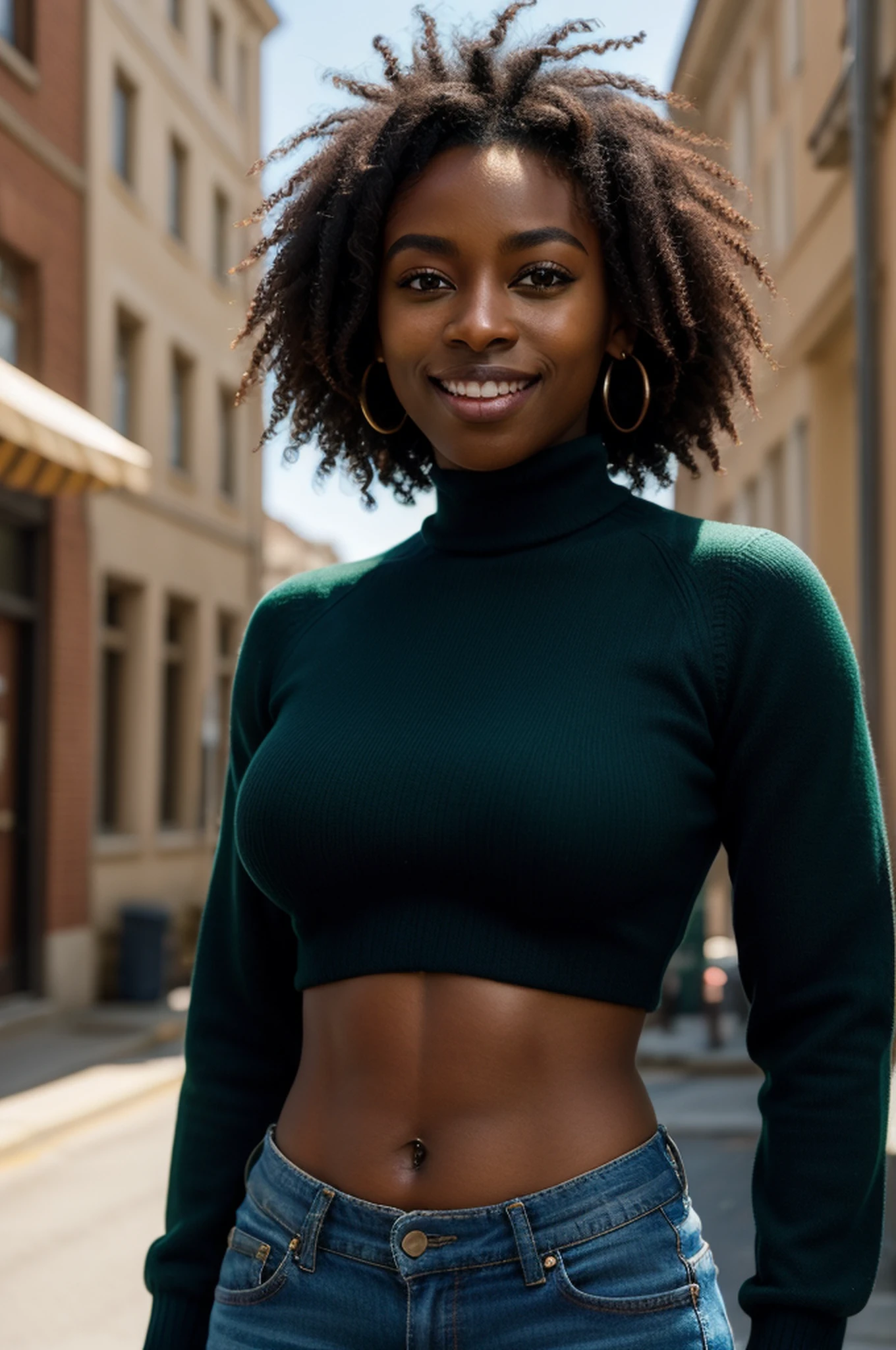 masterpiece, best quality,  a dark skinned black woman wearing a detailed green turtle neck sweater with an intricate black leather jacket with blue jeans at a street party at night, angular afro haircut, jacket off one shoulders, midriff, smile, teeth, insane ultra hires, extreme intricate details, tooth gap, round ass, big nose, (full nose:1.3), face shadow

HDR, natural lighting, volumetric shading, dynamic pose, Hyperrealistic,  realistic lighting, dramatic shadows, hard focus, high contrast, dramatic perspective

dramatic shadows,