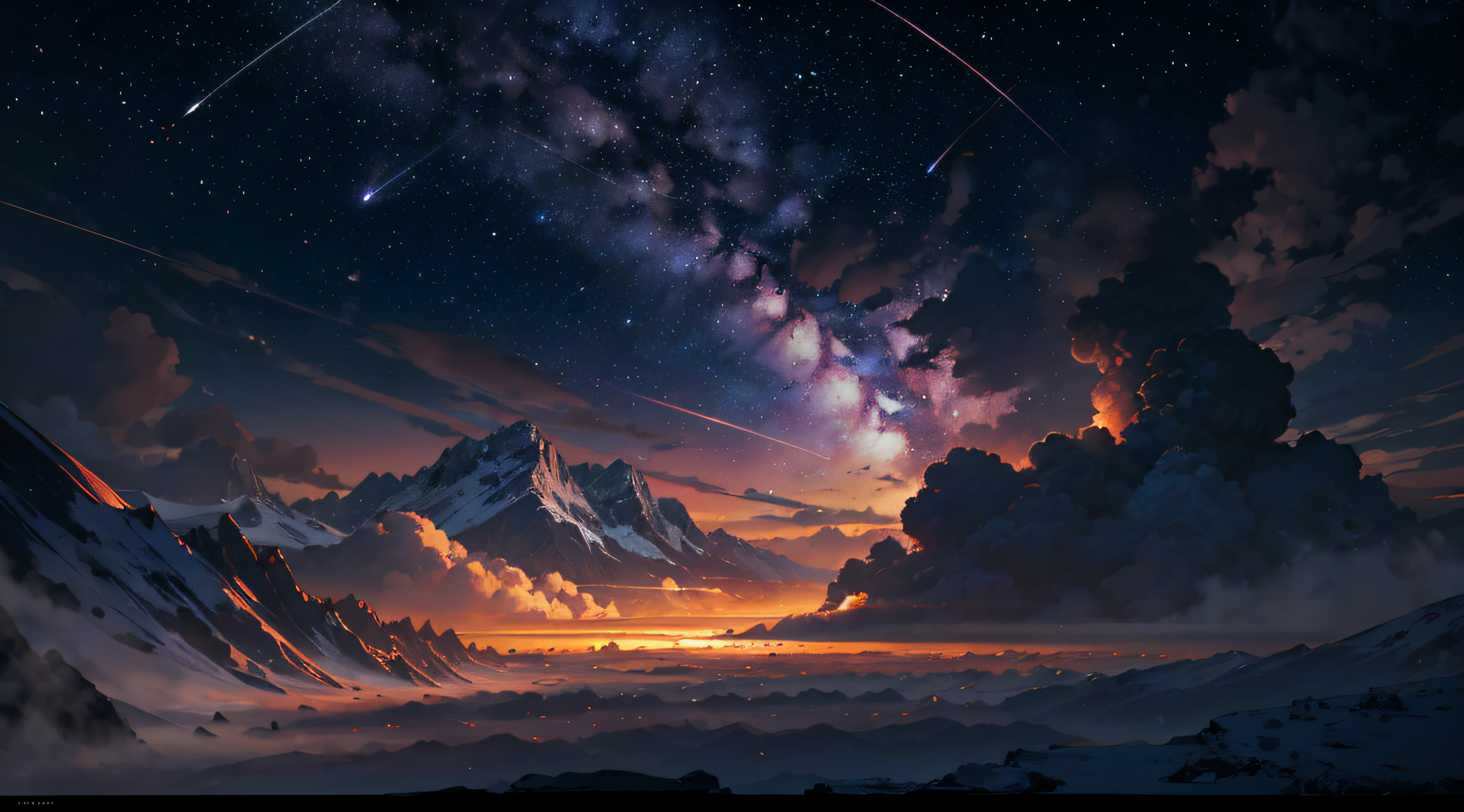 Expansive landscape photograph,(moon full:1.2),(meteors:0.9),(Starcloud:1.3),(Warm light source:1.2),(glowworm:1.2),lamp lights,Lots of purple and orange,Complicated details,Volumetriclighting,Realism BREAK(tmasterpiece:1.2),(best qualtiy),8K,Ultra-detailed,(dynamic compositions:1.4),The is very detailed,Colorful details,(Irridescent color:1.2),(luminouslighting,Atmospheric lighting),dream magical,magical,(独奏:1.2),((best qualtiy)), ((tmasterpiece)), (the detail:1.4),depth of fields,maximum definition and sharpness,perfectly proportions,Fluttering clouds,Wallpapers