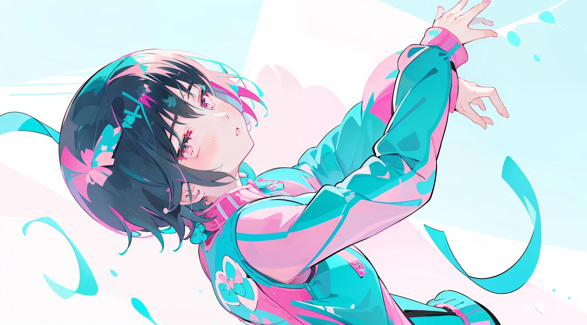 Best quality, 1 girl, solo, short hair, black hair, pink eyes, pink hair ornament(floral), ((turquoise tracksuit:1.4)), black spats, (bust shot:1.5), flat bust, ((vivid pink simple background:1.3))