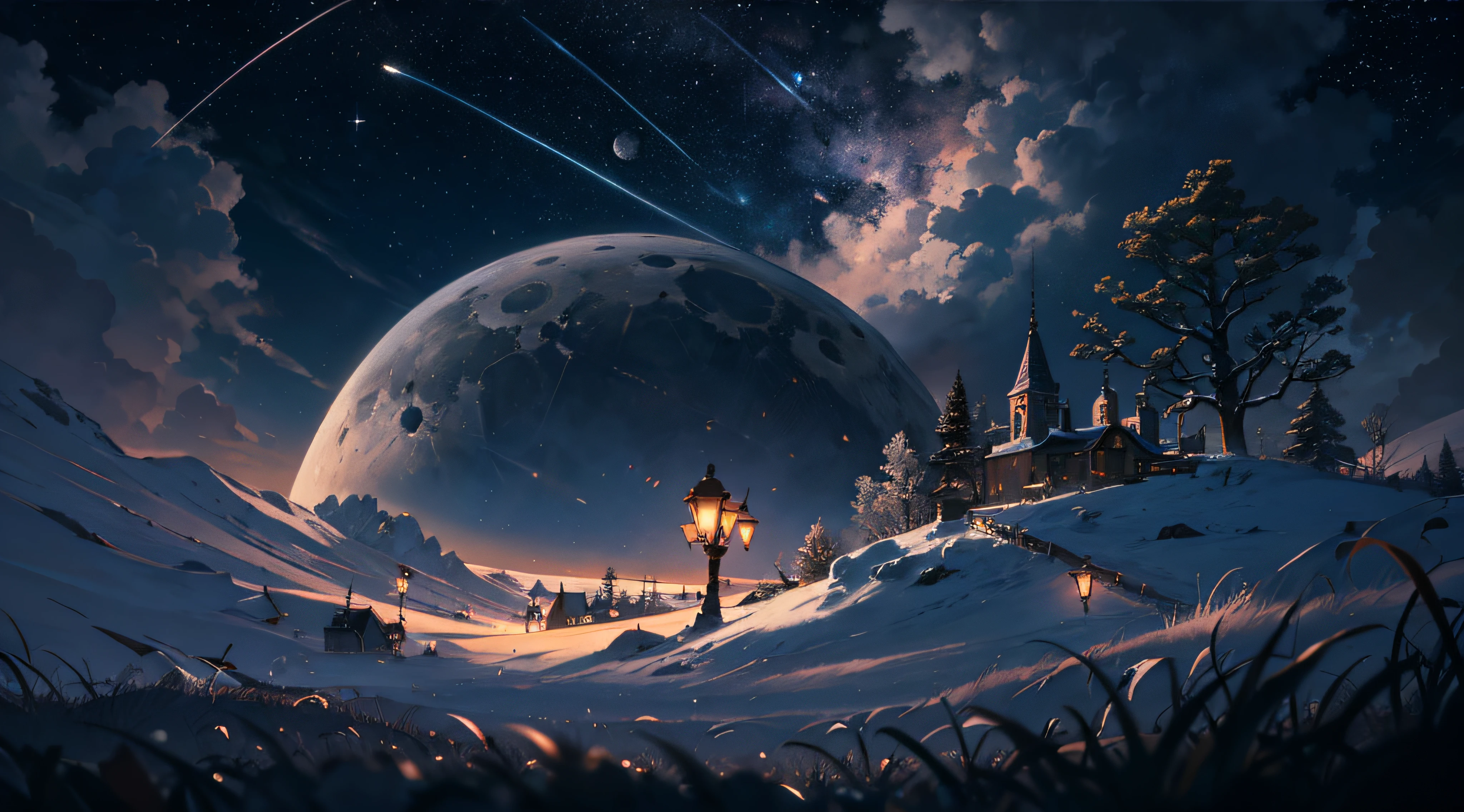 Expansive landscape photograph,(moon full:1.2),(meteors:0.9),(Starcloud:1.3),(Warm light source:1.2),(glowworm:1.2),lamp lights,Lots of purple and orange,Complicated details,Volumetriclighting,Realism BREAK(tmasterpiece:1.2),(best qualtiy),8K,Ultra-detailed,(dynamic compositions:1.4),The is very detailed,Colorful details,(Irridescent color:1.2),(luminouslighting,Atmospheric lighting),dream magical,magical,(独奏:1.2),((best qualtiy)), ((tmasterpiece)), (the detail:1.4),depth of fields,maximum definition and sharpness,perfectly proportions,Fluttering clouds,Wallpapers