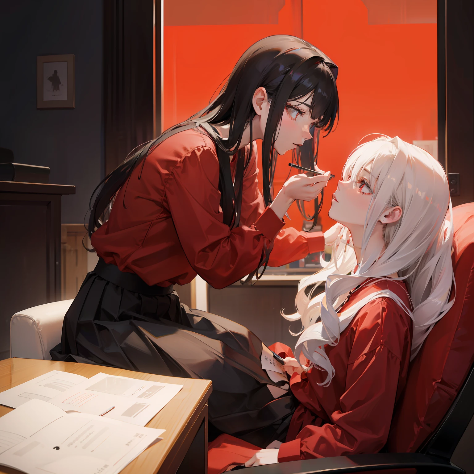Long hair girl in red shirt and black skirt.休憩 You are putting on makeup.