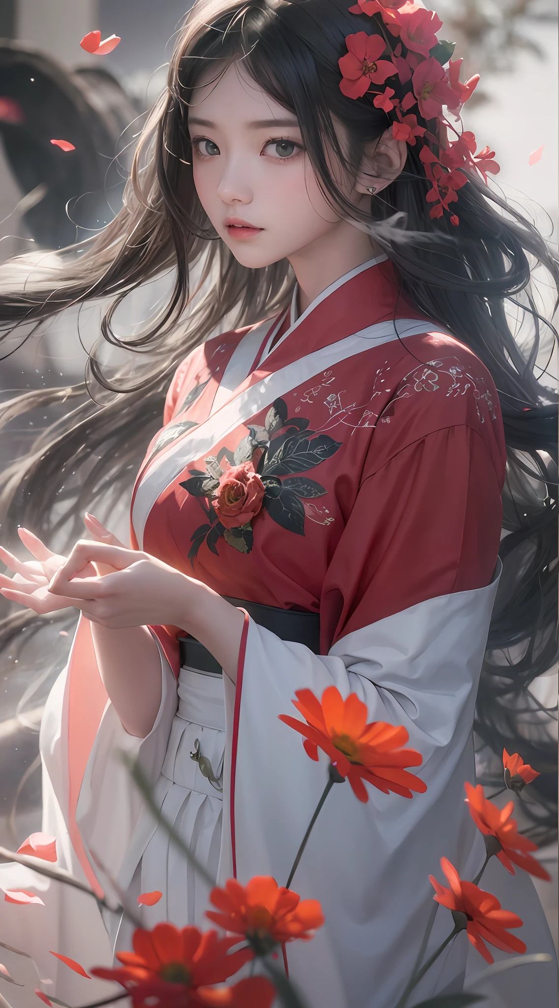 Ultra high quality，tmasterpiece，Perfect illustration，extreme hight detail(Delicate light and shadow，The picture is highly dramatic，)zhongfenghua， 1girll， 独奏， （Wearing red, black and white Hanfu，） flower  field， blossoms， （White smoke：1.3）（mano：1.5） （realisticlying：1.4）， Zen entanglement， tangled， offcial art， Unity 8k壁纸， ultra - detailed， Beautiful and beautiful， tmasterpiece，best qualtiy， （dynamic angle：1.4）， Glowing skin， （Floating colorful flashes：1）The most beautiful forms of chaos，ellegance，Fauvistdesign，vivd colour，Romantic depth of field exotic_dance， half_naked