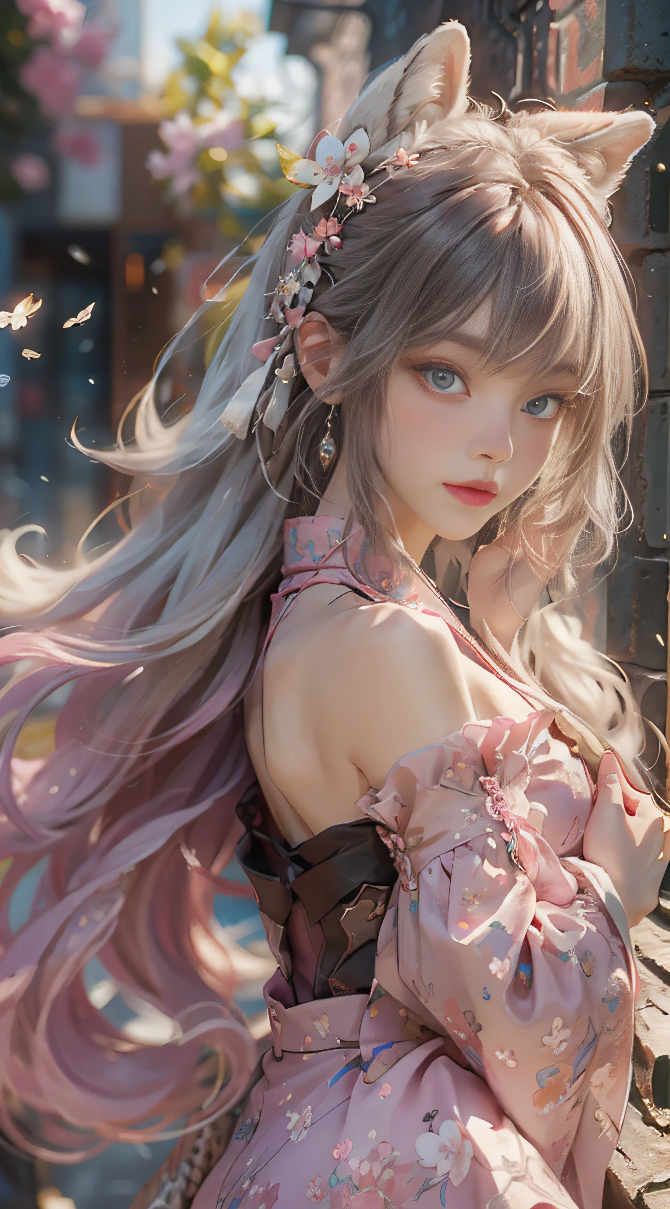 （（best qualtiy））， （（tmasterpiece））， （detail：1.4）， Beautiful cyberpunk female images，hdr（HighDynamicRange），Ray traching，NVIDIA RTX，Hyper-Resolution，illusory 5，sub surface scattering，PBR textures，post-proces，Anisotropy Filtering，depth of fields，maximum definition and sharpness，Many-Layer Textures，Albedo e mapas Speculares，Surface coloring，Mitsu-Accurate simulation of material interactions，perfectly proportioned，rendering by octane，Two-colored light，largeaperture，Low ISO，White balance，Rule three points、8K raw data、Beautiful bright blue pupils，off-the-shoulder clothes，Fine pupils，Delicate face and eyes，long eyelasher，Blushlush，Delicate and fluffy hair，pink lip，Pure，Cute face，Sweet girl，Artistic sense，Casual wear，Advancedsense，butterflys，Cherry blossom petal，Beautiful hair accessories，Long hair and waist，Hair fluttering in the wind，Snow-white fox ears，curlies，Snow-white fluffy tail，Positive light，The light from the back window is backlighted