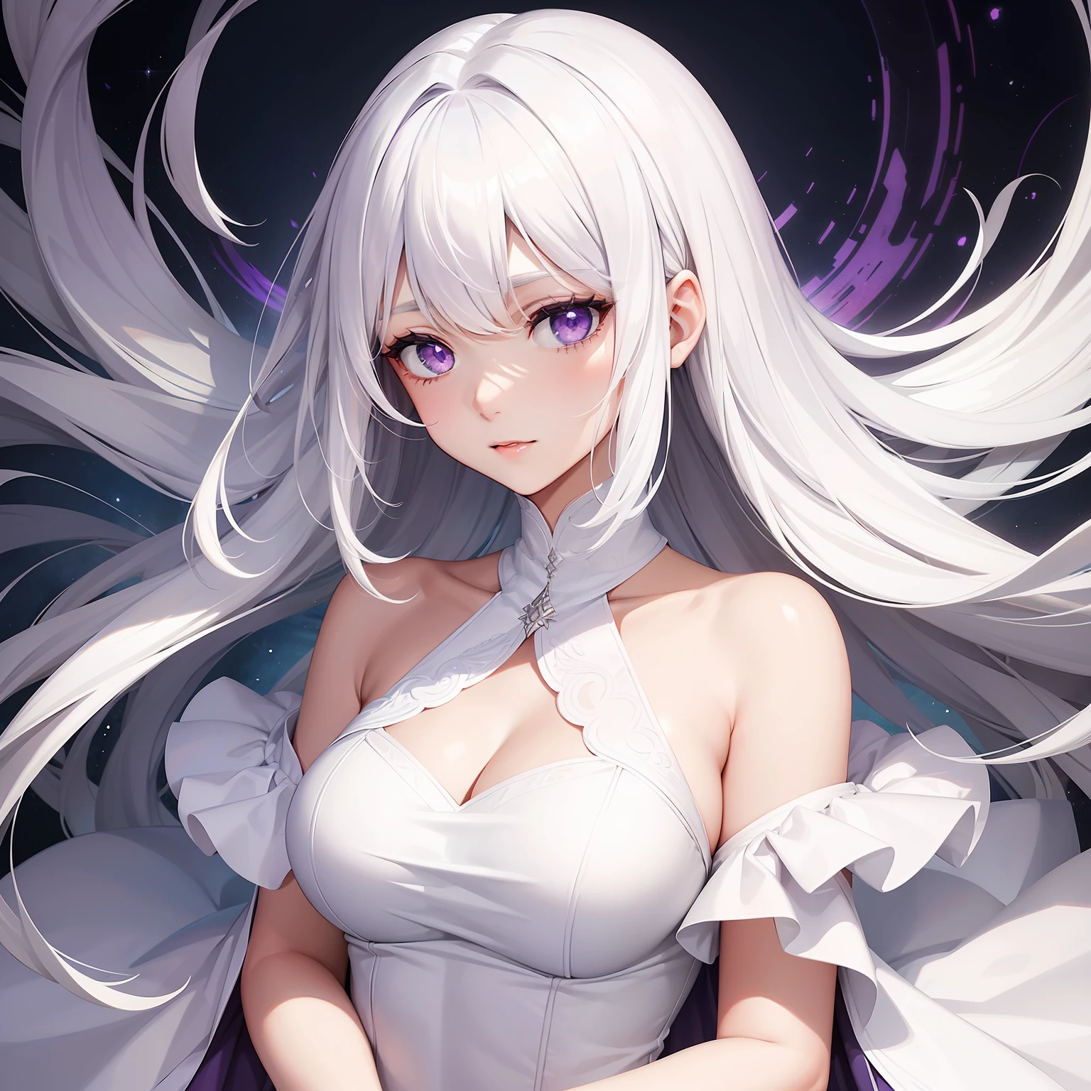 a women, white hair, purple eyes, white dress