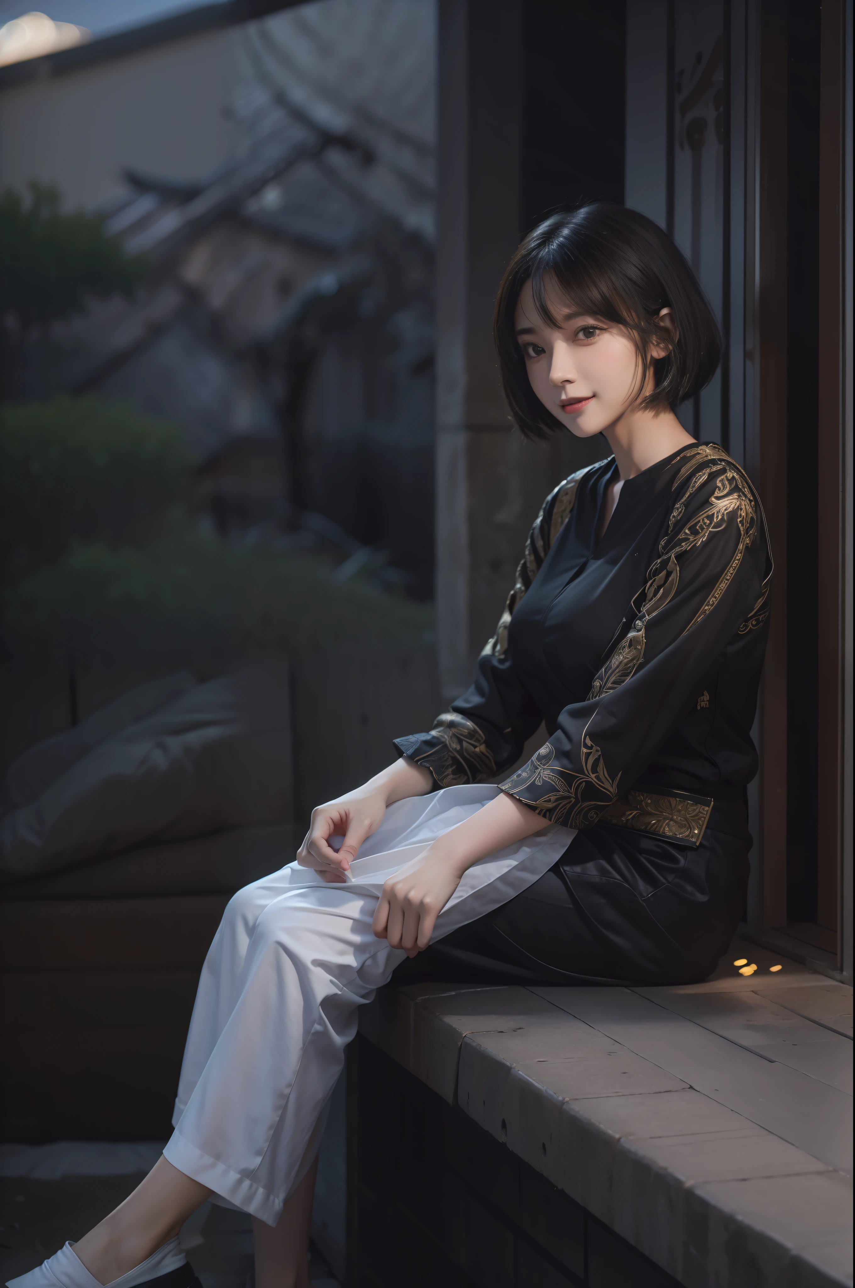 （64k，RAW photos，best qualtiy，masterpiecel1.4），（realisticlying，photograph realistic：1.37），1girl，ln the forest，hillside，Quiet，Rustic，独奏,1个Giant Breast Girl, looking at viewert, exquisite detailing, 详细的脸, in the darkness nigth, deep shading, low tune,pureerosfaceace_v1, ssmile,short detailed hair，Black shawl straight hair，46 points oblique bangs，High-definition detail、Hyper-detailing、cinematic ligh、ultra-realistic realism、Soft light、Deep field focus bokeh、with short black hair，White skin，famousartwork，s the perfect face，beauitful face，beautidful eyes，（（Perfect female body）），In a white blouse shirt，The shirt,pleatedskirt,School Uniform，Sit Pose，full bodyesbian，（ambient lights：1.3），（cinematic compositions：1.3），（neonlight：0.1），（HDR：0.1），emphasis lighting，White panty hose，The scene is bright、，The introduction was lovely、Mischievous、The feeling of smiling。Like a movie，。