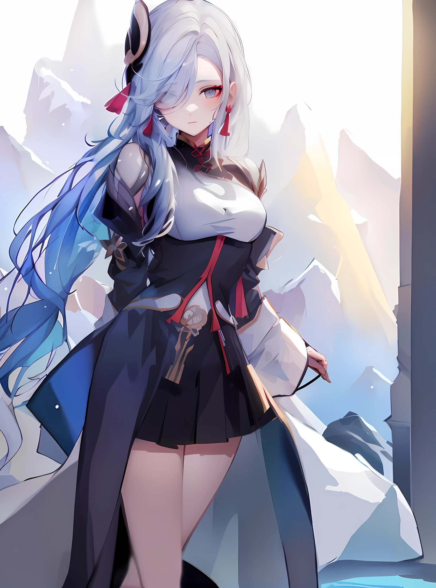 tmasterpiece，HighestQuali，genshin impact，shenhe，Anime girl with long white hair and blue eyes in a black dress, white-haired god, Perfect white haired girl, From Arknights, trending on artstation pixiv, cute anime waifu in a nice dress, style of anime4 K, Best anime 4k konachan wallpaper, Anime art wallpaper 8 K