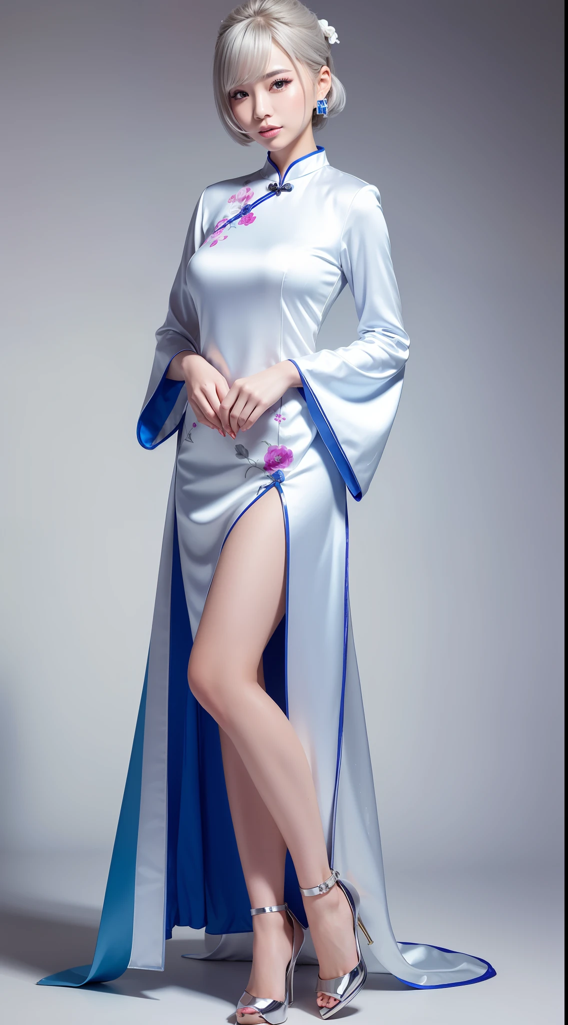 Silver-haired beauty，A handful of mp5，Mechanical gloss，Exploded shots，on cheongsam，Full body photo