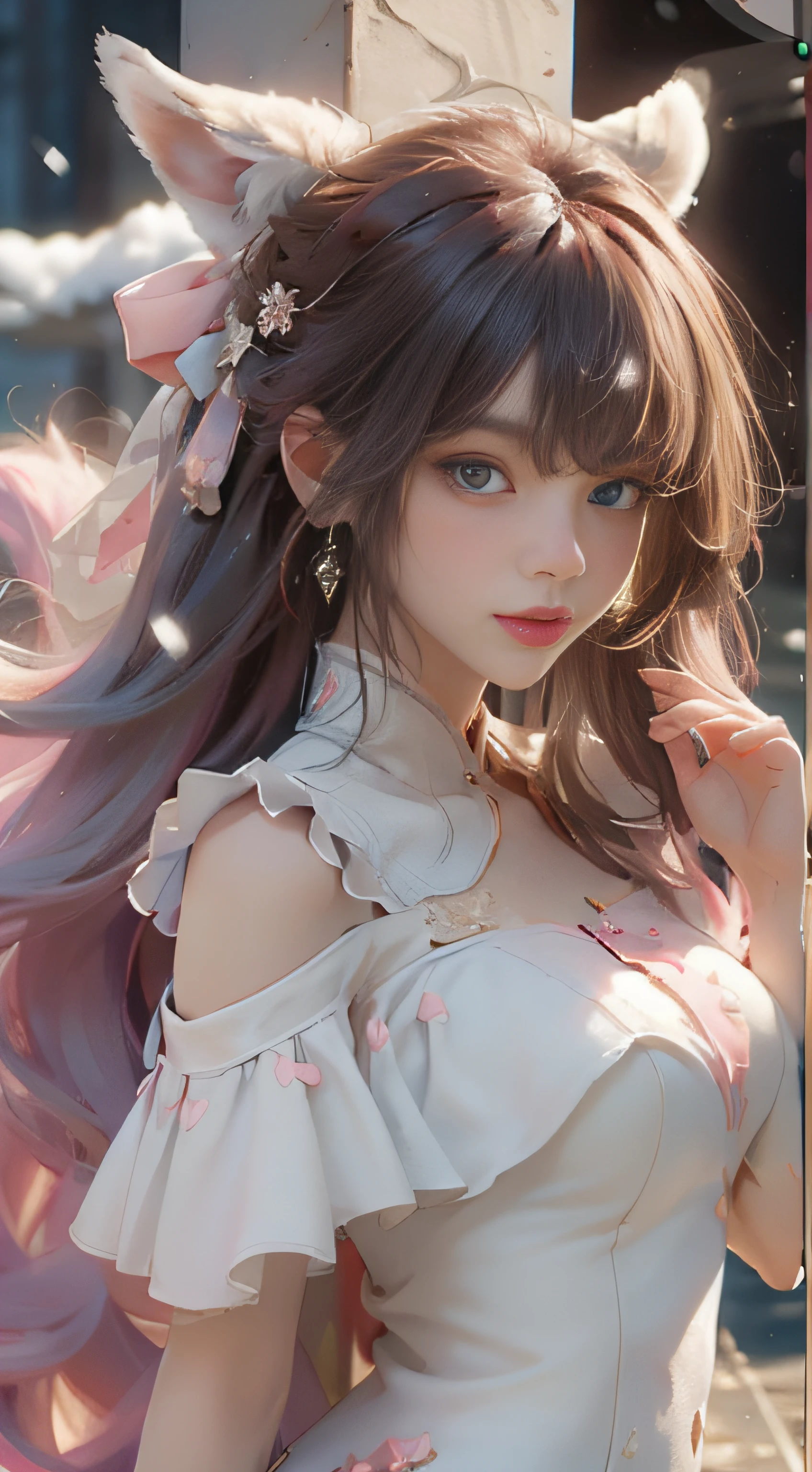((best qualtiy)), ((tmasterpiece)), (detail:1.4), Beautiful cyberpunk female images,hdr(HighDynamicRange),Ray traching,NVIDIA RTX,Hyper-Resolution,illusory 5,sub surface scattering,PBR textures,post-proces,Anisotropy Filtering,depth of fields,maximum definition and sharpness,Many-Layer Textures,Albedo e mapas Speculares,Surface coloring,Mitsu-Accurate simulation of material interactions,perfectly proportioned,rendering by octane,Two-colored light,largeaperture,Low ISO,White balance,Rule three points、8K raw data、Beautiful bright blue pupils,off-the-shoulder clothes,Fine pupils,Delicate face and eyes,long eyelasher,Blushlush,Delicate and fluffy hair,pink lip,Pure,Cute face,Sweet girl,Artistic sense,Casual wear,Advancedsense,butterflys,Cherry blossom petal,Beautiful hair accessories,Long hair and waist,Hair fluttering in the wind,Snow-white fox ears,curlies,Snow-white fluffy tail,Positive light,The light from the back window is backlighted