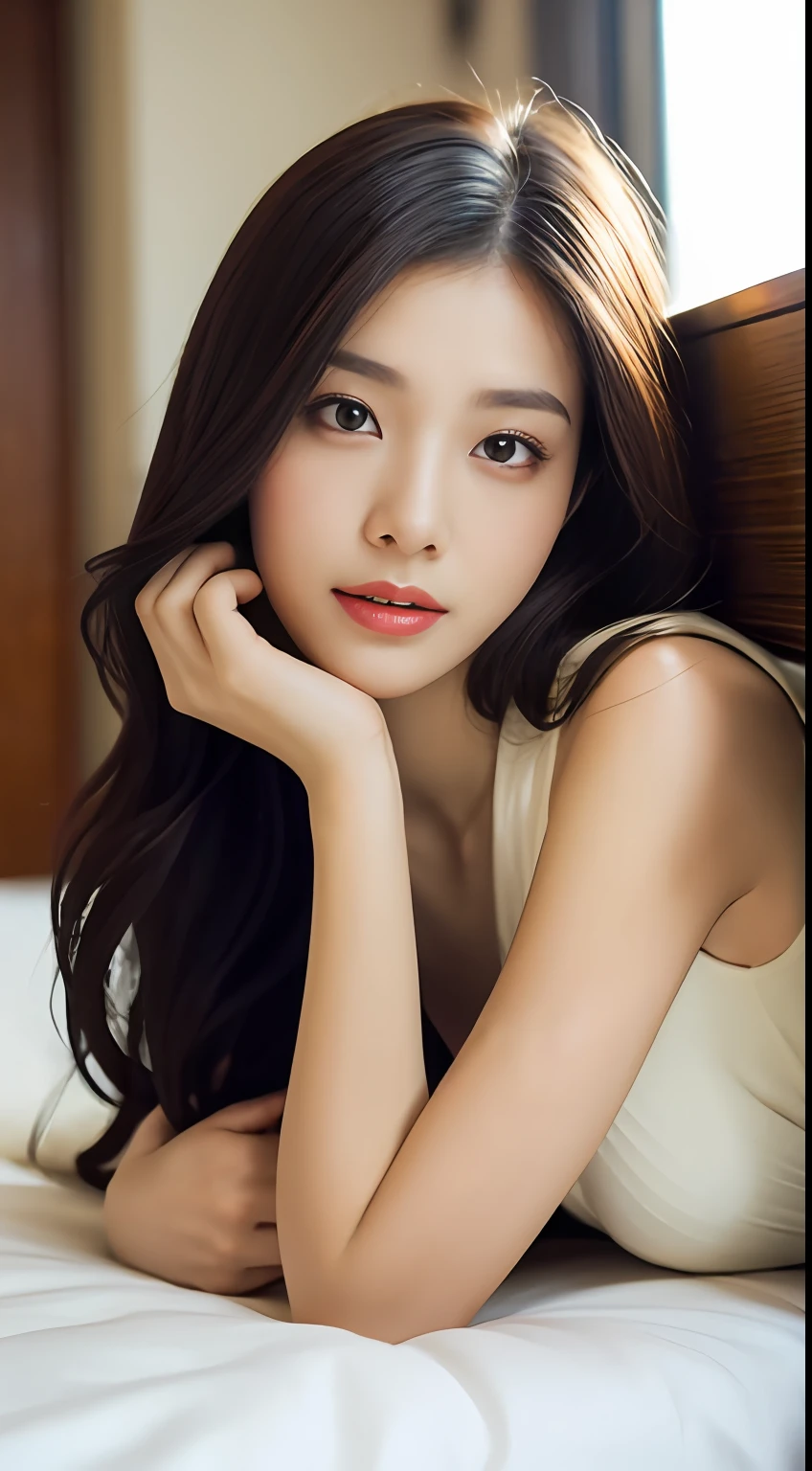 (1girl:1.2), sleeping on a large bed next to the floor-to-ceiling window, woman in a fluent modal dress, complementary colors, elegant temperament, elegant intellectual feeling, high image quality, long hair, fine skin texture and cloth texture, detailed eyes, detailed long eyelashes, double eyelids, portrait photography, focal length 85 mm, aperture F1.2, God's perspective, realism, quiet and good times,