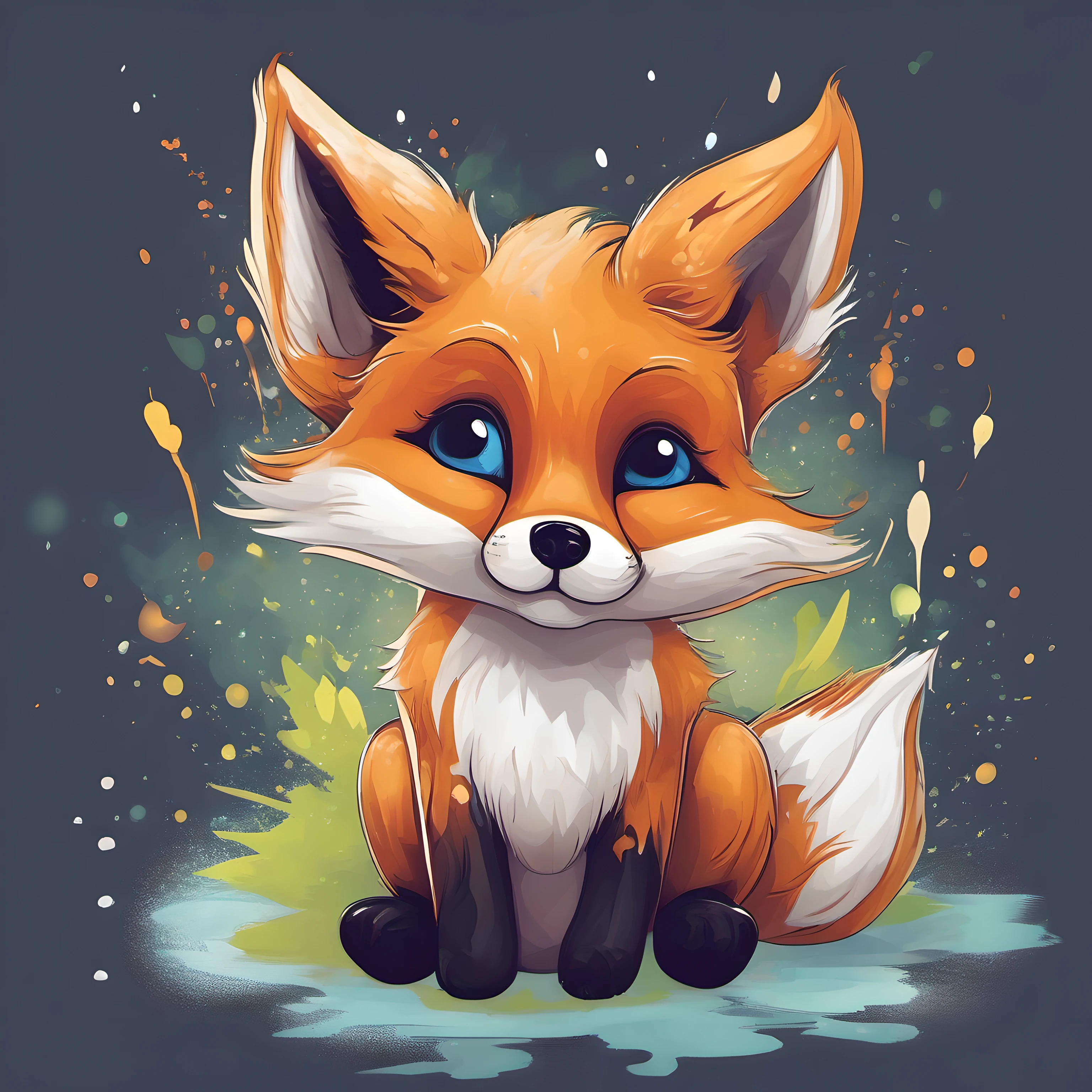 Illustration of cute fox, cute character, magic, fantasy, clear background, abstract splash background, t-shirt design, vector art