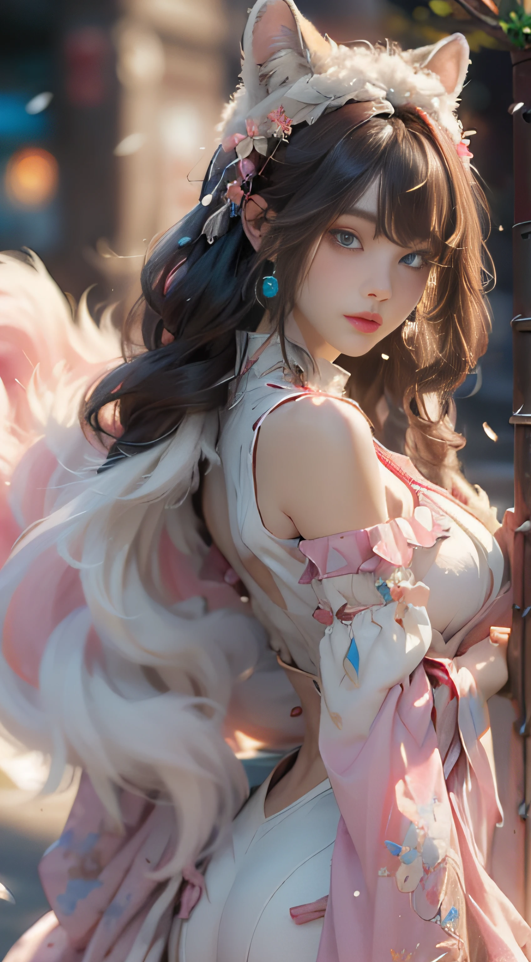 ((best qualtiy)), ((tmasterpiece)), (detail:1.4), Beautiful cyberpunk female images,hdr(HighDynamicRange),Ray traching,NVIDIA RTX,Hyper-Resolution,illusory 5,sub surface scattering,PBR textures,post-proces,Anisotropy Filtering,depth of fields,maximum definition and sharpness,Many-Layer Textures,Albedo e mapas Speculares,Surface coloring,Mitsu-Accurate simulation of material interactions,perfectly proportioned,rendering by octane,Two-colored light,largeaperture,Low ISO,White balance,Rule three points、8K raw data、Beautiful bright blue pupils,off-the-shoulder clothes,Fine pupils,Delicate face and eyes,long eyelasher,Blushlush,Delicate and fluffy hair,pink lip,Pure,Cute face,Sweet girl,Artistic sense,Casual wear,Advancedsense,butterflys,Cherry blossom petal,Beautiful hair accessories,Long hair and waist,Hair fluttering in the wind,Snow-white fox ears,curlies,Snow-white fluffy tail,Positive light,The light from the back window is backlighted