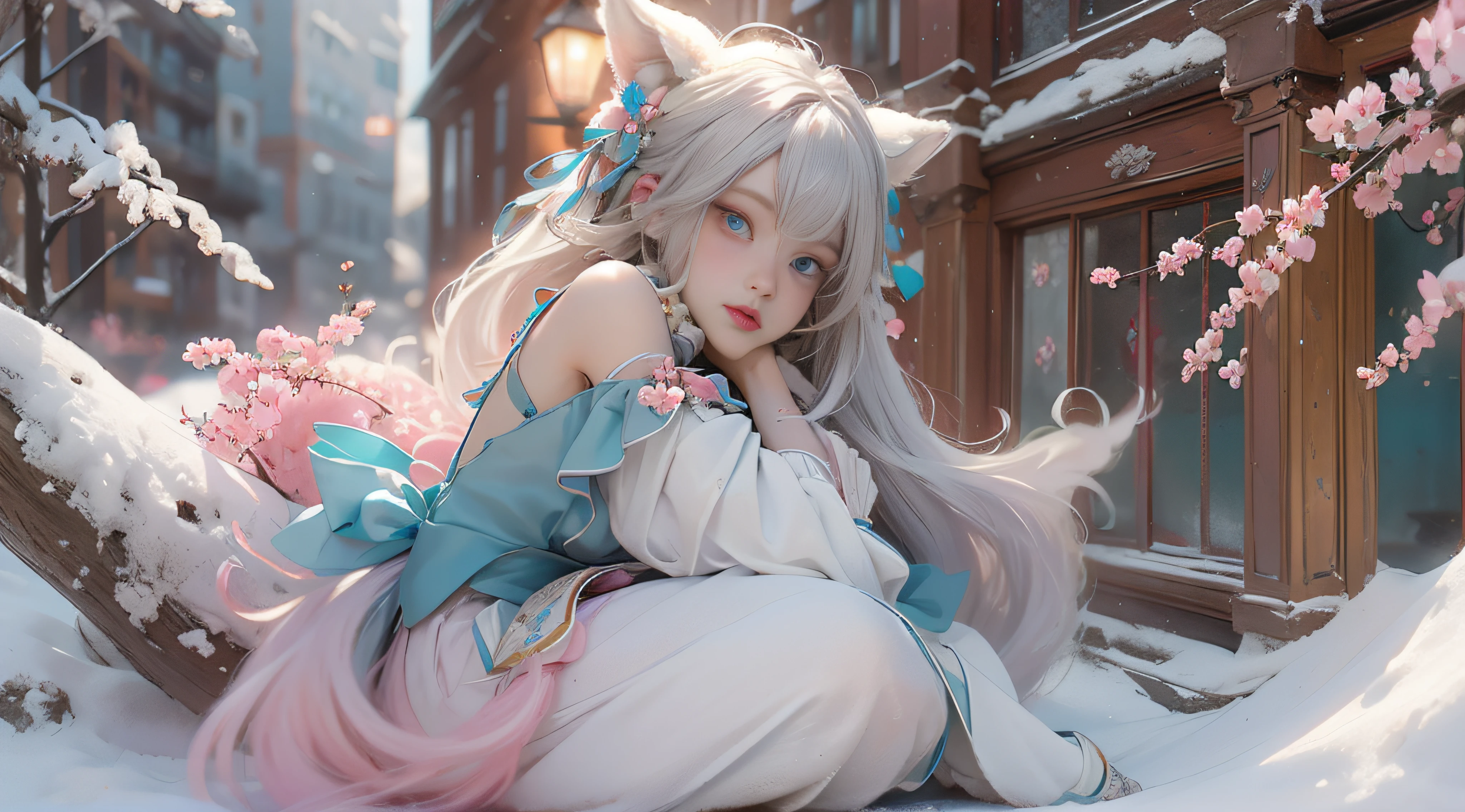 ((best qualtiy)), ((tmasterpiece)), (detail:1.4), Beautiful cyberpunk female images,hdr(HighDynamicRange),Ray traching,NVIDIA RTX,Hyper-Resolution,illusory 5,sub surface scattering,PBR textures,post-proces,Anisotropy Filtering,depth of fields,maximum definition and sharpness,Many-Layer Textures,Albedo e mapas Speculares,Surface coloring,Mitsu-Accurate simulation of material interactions,perfectly proportioned,rendering by octane,Two-colored light,largeaperture,Low ISO,White balance,Rule three points、8K raw data、Beautiful bright blue pupils,off-the-shoulder clothes,Fine pupils,Delicate face and eyes,long eyelasher,Blushlush,Delicate and fluffy hair,pink lip,Pure,Cute face,Sweet girl,Artistic sense,Casual wear,Advancedsense,butterflys,Cherry blossom petal,Beautiful hair accessories,Long hair and waist,Hair fluttering in the wind,Snow-white fox ears,curlies,Snow-white fluffy tail,Positive light,The light from the back window is backlighted