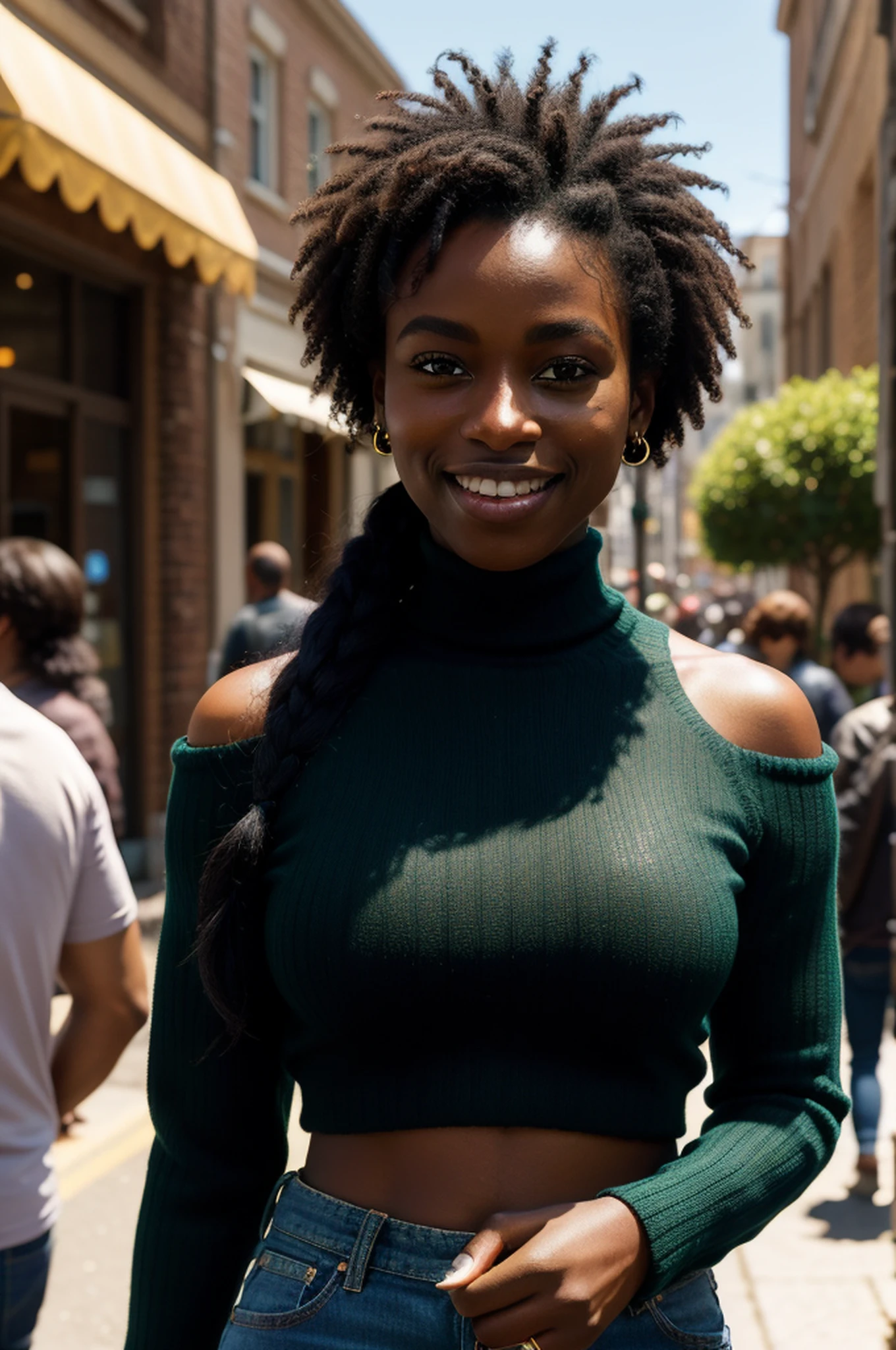 masterpiece, best quality, a dark skinned black woman wearing a detailed green turtle neck sweater with an intricate black leather jacket with blue jeans at a street party at night, angular afro haircut, jacket off one shoulders, midriff, smile, teeth, insane ultra hires, extreme intricate details, tooth gap, round ass, big nose, (full nose:1.3), face shadow
HDR, natural lighting, volumetric shading, dynamic pose, Hyperrealistic, realistic lighting, dramatic shadows, hard focus, high contrast, dramatic perspective
dramatic shadows,