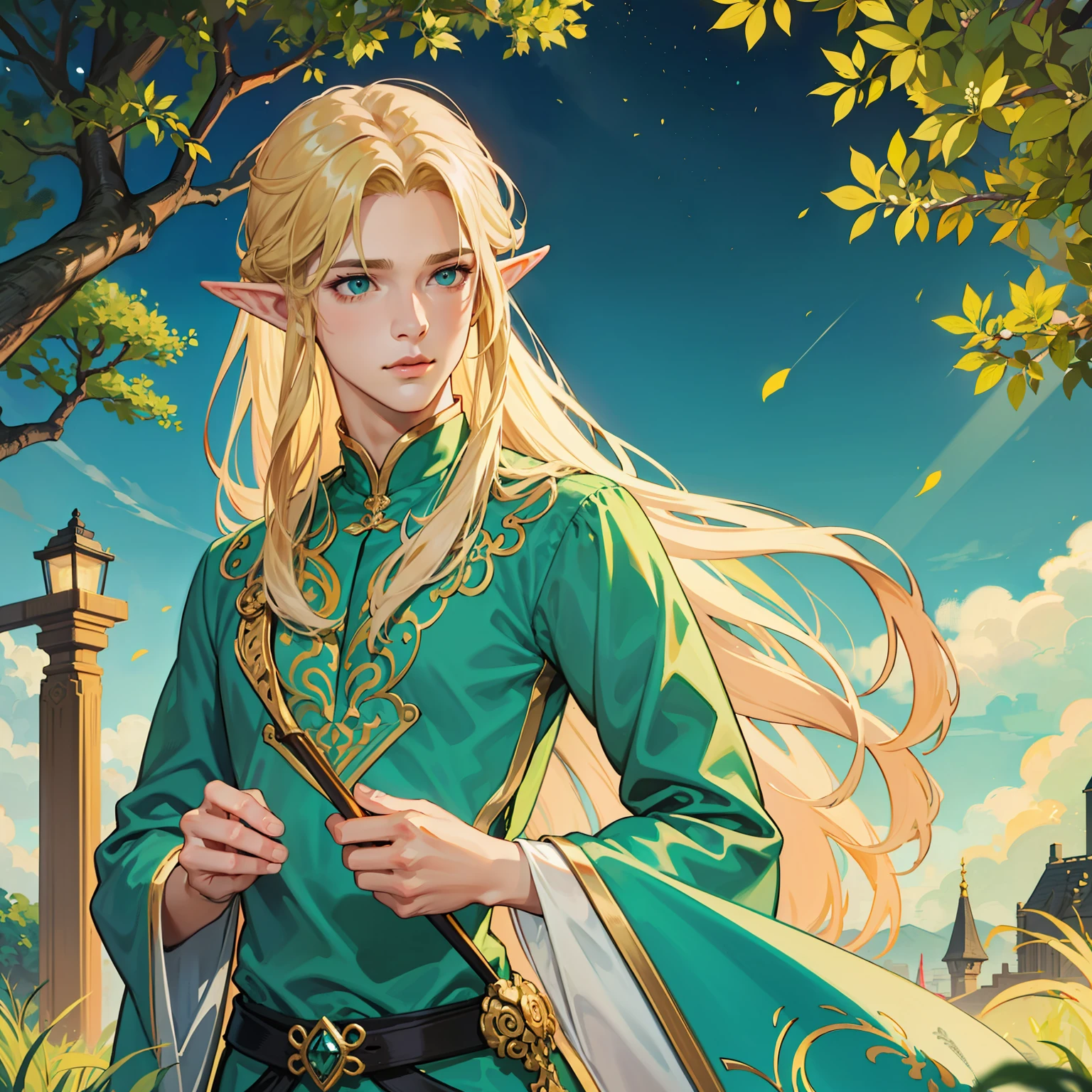 filigree,realisticlying,1boy ,独奏,Long blonde hair,Green eyes,elf prince,Delicate facial features,