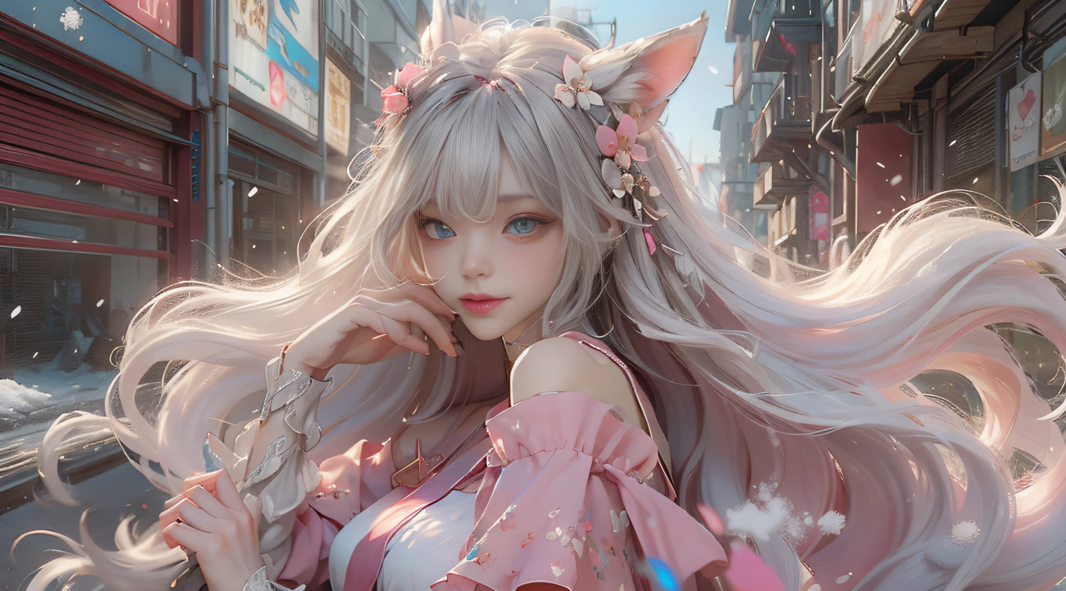((best qualtiy)), ((tmasterpiece)), (detail:1.4), Beautiful cyberpunk female images,hdr(HighDynamicRange),Ray traching,NVIDIA RTX,Hyper-Resolution,illusory 5,sub surface scattering,PBR textures,post-proces,Anisotropy Filtering,depth of fields,maximum definition and sharpness,Many-Layer Textures,Albedo e mapas Speculares,Surface coloring,Mitsu-Accurate simulation of material interactions,perfectly proportioned,rendering by octane,Two-colored light,largeaperture,Low ISO,White balance,Rule three points、8K raw data、Beautiful bright blue pupils,off-the-shoulder clothes,Fine pupils,Delicate face and eyes,long eyelasher,Blushlush,Delicate and fluffy hair,pink lip,Pure,Cute face,Sweet girl,Artistic sense,Casual wear,Advancedsense,butterflys,Cherry blossom petal,Beautiful hair accessories,Long hair and waist,Hair fluttering in the wind,Snow-white fox ears,curlies,Snow-white fluffy tail,Positive light,The light from the back window is backlighted