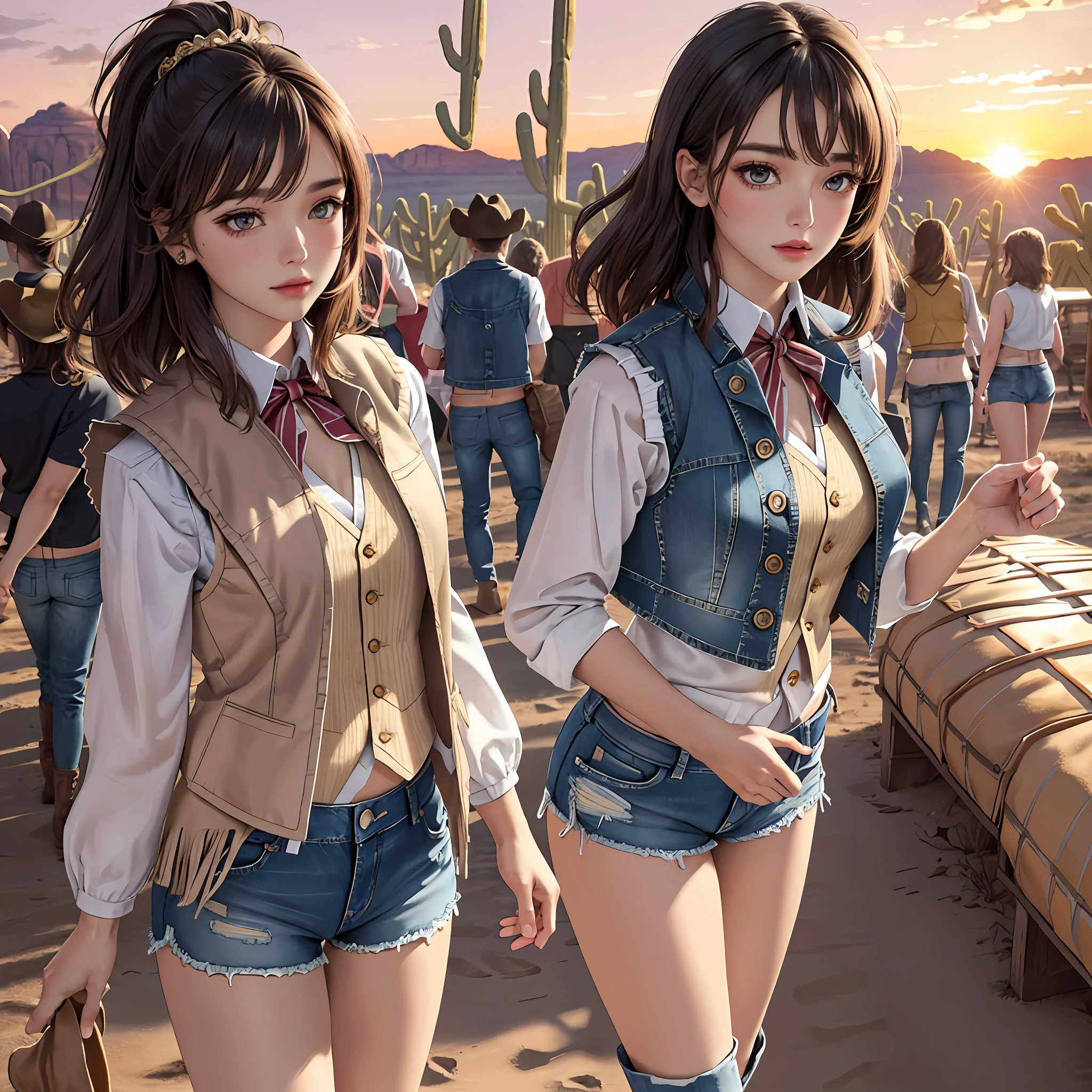 (masterpiece:1.4, best quality), (intricate details), unity 8k wallpaper, ultra detailed, beautiful and aesthetic, perfect lighting, (1girl), dynamic pose, dynamic angle, lipstick, slim, slim body, medium breasts, (Festival_fringe_vest:1.4),(Ripped_denim_shorts:1.3),(Cowboy_boots:1.2),(Desert_sunset_background:1.4), detailed background, realistic, solo, perfect detailed face, detailed eyes, highly detailed, blush, hair ornament, medium hair,