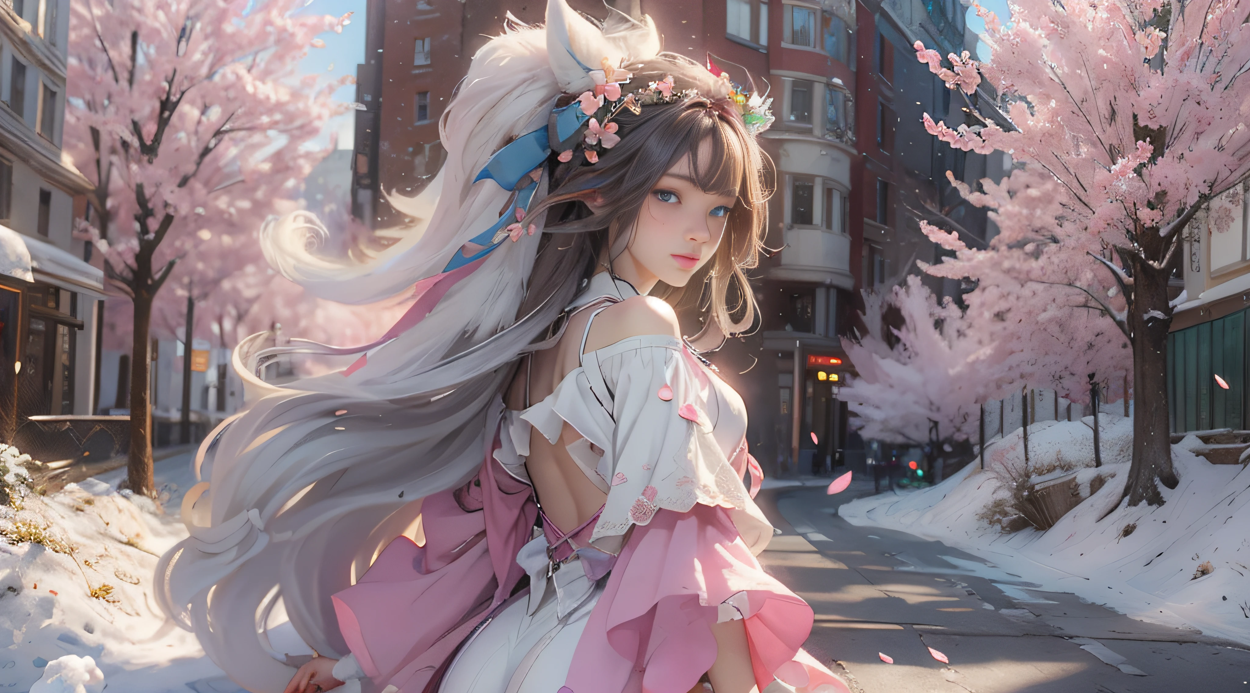 ((best qualtiy)), ((tmasterpiece)), (detail:1.4), Beautiful cyberpunk female images,hdr(HighDynamicRange),Ray traching,NVIDIA RTX,Hyper-Resolution,illusory 5,sub surface scattering,PBR textures,post-proces,Anisotropy Filtering,depth of fields,maximum definition and sharpness,Many-Layer Textures,Albedo e mapas Speculares,Surface coloring,Mitsu-Accurate simulation of material interactions,perfectly proportioned,rendering by octane,Two-colored light,largeaperture,Low ISO,White balance,Rule three points、8K raw data、Beautiful bright blue pupils,off-the-shoulder clothes,Fine pupils,Delicate face and eyes,long eyelasher,Blushlush,Delicate and fluffy hair,pink lip,Pure,Cute face,Sweet girl,Artistic sense,Casual wear,Advancedsense,butterflys,Cherry blossom petal,Beautiful hair accessories,Long hair and waist,Hair fluttering in the wind,Snow-white fox ears,curlies,Snow-white fluffy tail,Positive light,The light from the back window is backlighted