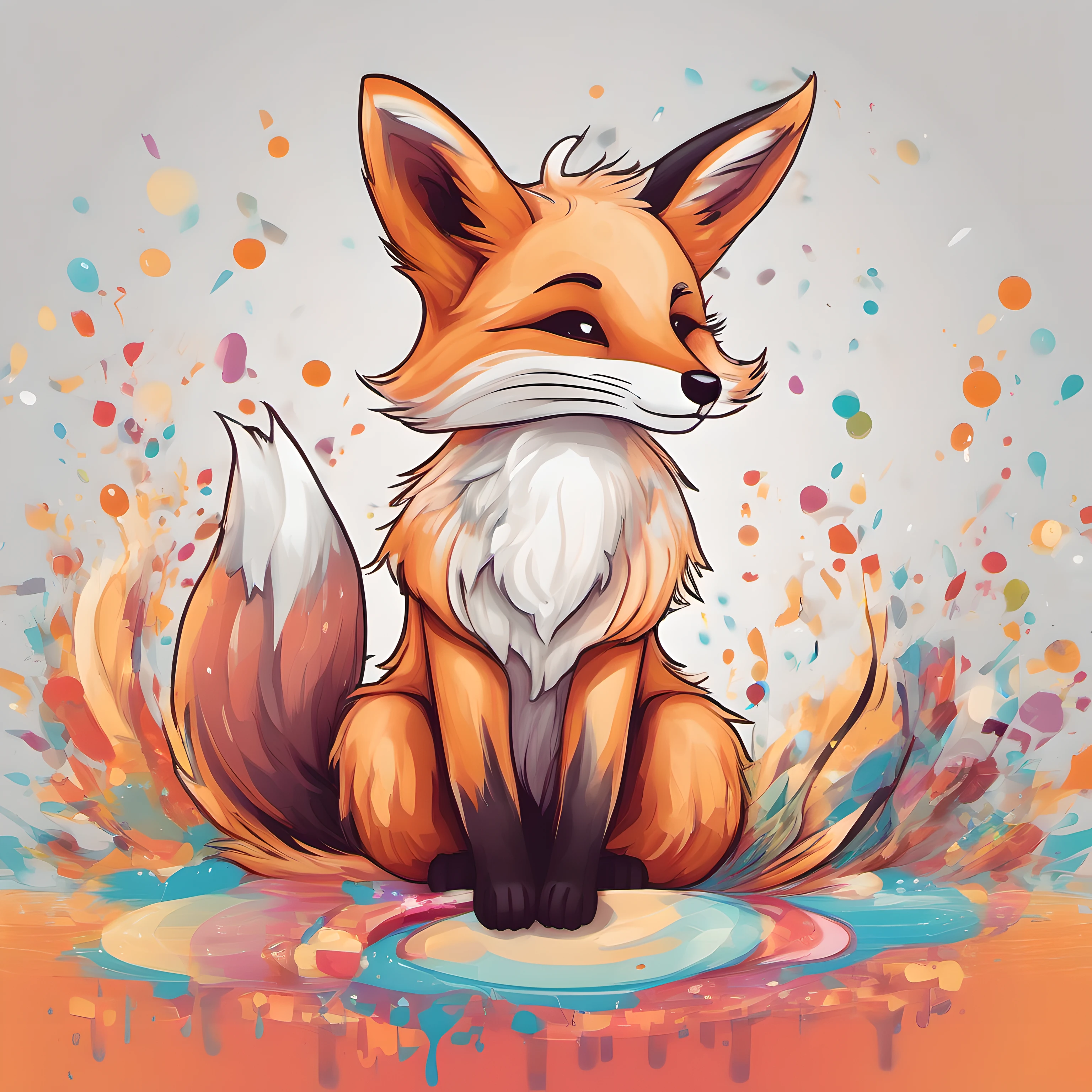 Illustration of cute fox, cute character, magic, fantasy, clear background, abstract splash background, t-shirt design, vector art