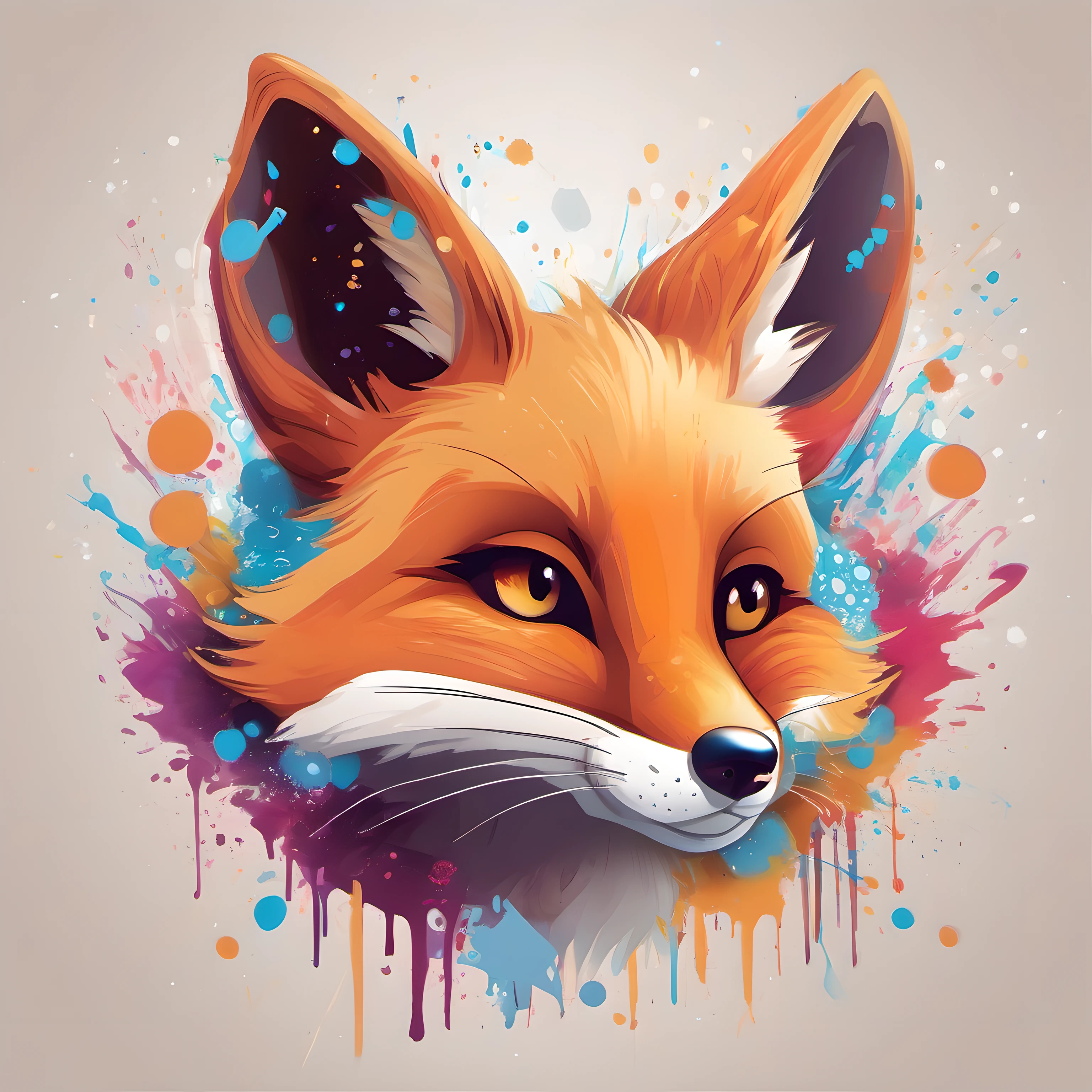 Illustration of cute fox, cute character, magic, fantasy, clear background, abstract splash background, t-shirt design, vector art