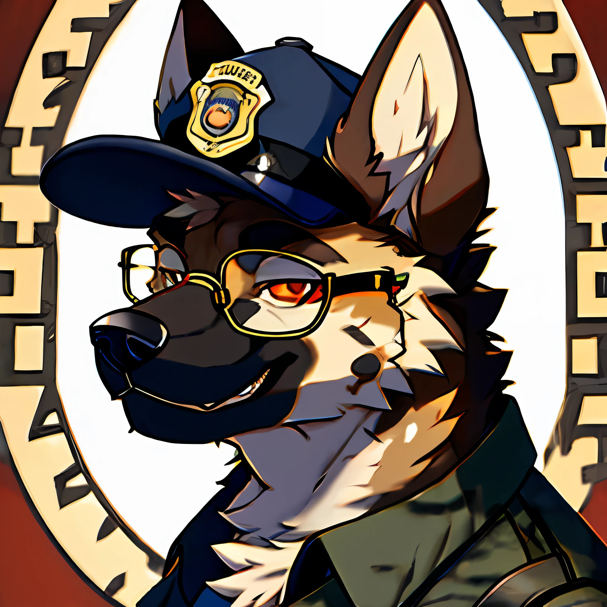 (Super meticulous), German Shepherd, Anthropomorphic German Shepherd, hairy pubic, malefocus, 独奏, hairy pubic, red pupils, Police uniform, Gold-rimmed glasses, head portrait, Peaked hat, Dog ears, Naughty face, hyper HD, Award-Awarded, A high resolution, retinas, retinas, A high resolution, Award-Awarded, Masterpiece, Masterpiece, ccurate, Super detail, High details, High quality, Best quality, Anatomically correct, Textured skin, Masterpiece, ccurate, Anatomically correct, Super detail, High details, High quality, Best quality