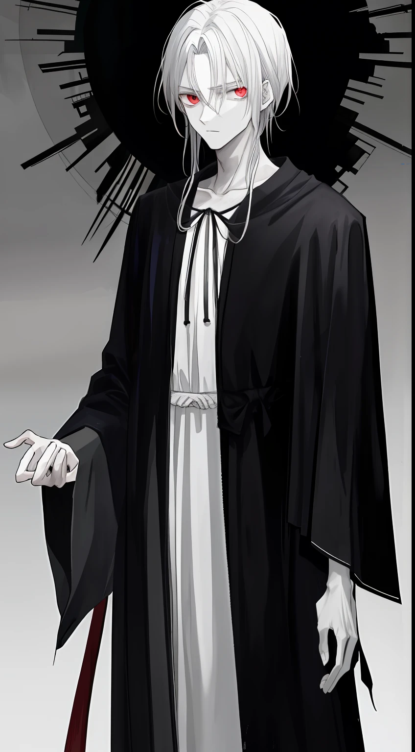 shoun ，Wearing a robe and looking haggard，skinny and thin，Has thick dark circles，Unhealthy white，Gray hair and a thin figure，