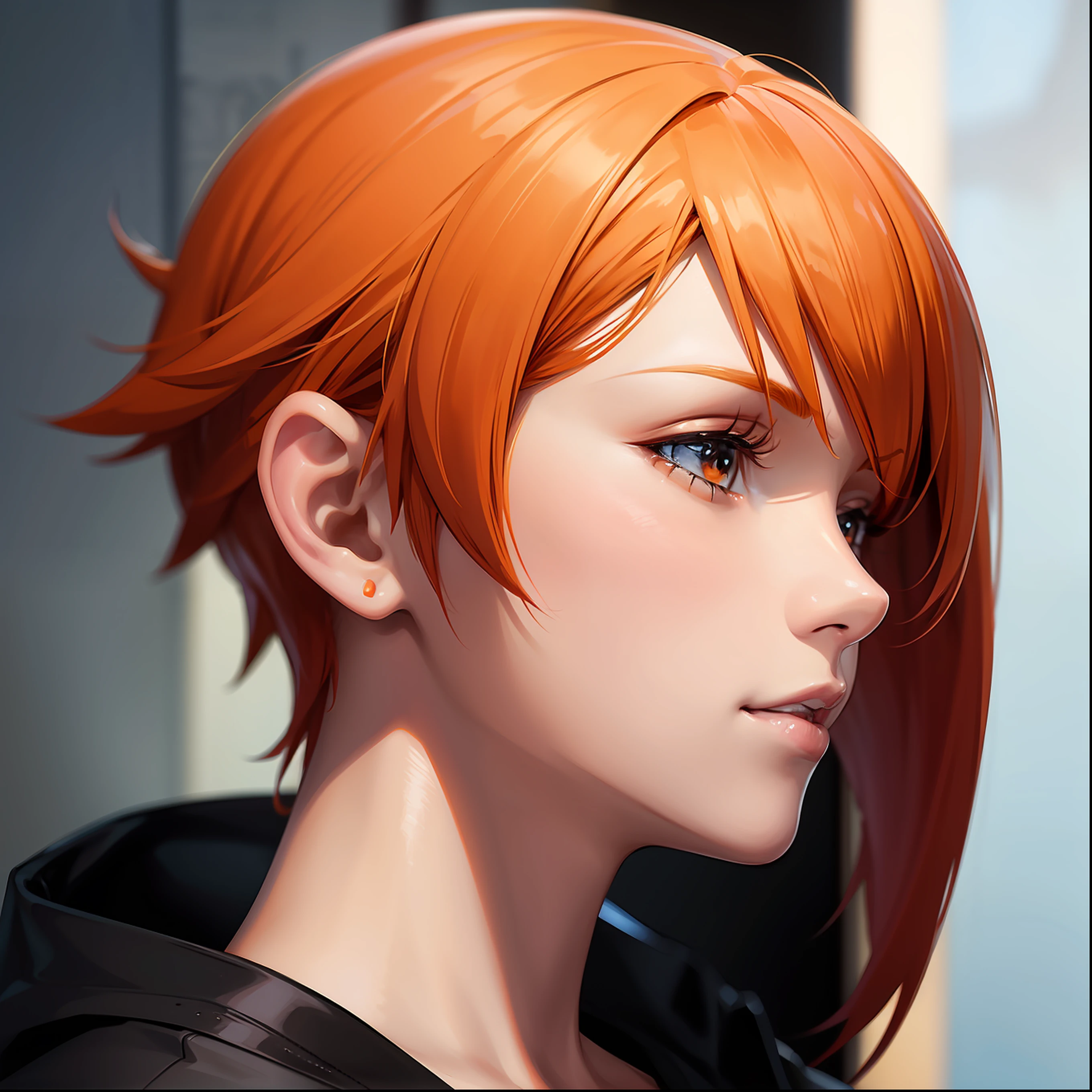 Profile half body Orange short hair man closeup Sci-Fi cute Anime Japan 2d Sharp focus 16k resolution Very sharp, Hyper detailed, 8k, Hyper realistic detail