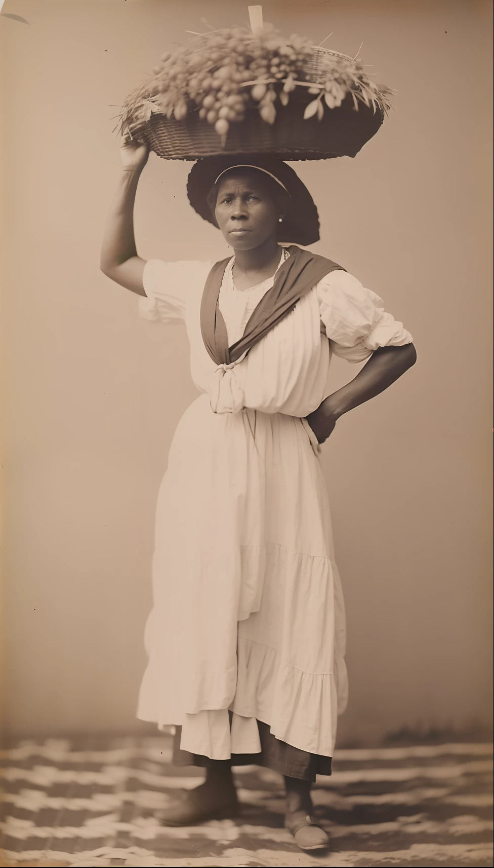 arafed woman in a white dress and hat carrying a basket of fruit, photo of a black woman, augusta savage, 1 8 8 0 s photograph, 1 9 th century photography, COLOR photograph, unknown location, edmonia lewis, by Samuel Washington Weis, photo from the 1850s of a farmer,