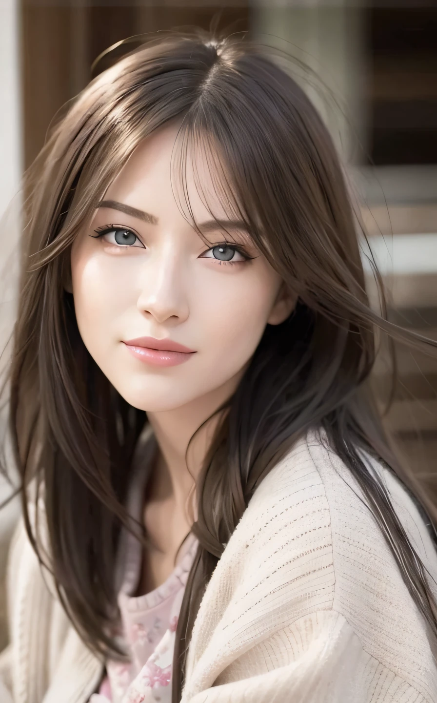 best quality, ultra high res, (photorealistic:1.4), (detailed beautiful girl:1.4), (medium breasts:0.8), looking_at_viewer, Detailed facial details, beautiful detailed eyes,pink hair, blue eyes, slender, haunting smile, (makeup:0.3), red lips, highly detailed clothes, (ulzzang-6500-v1.1:0.3)