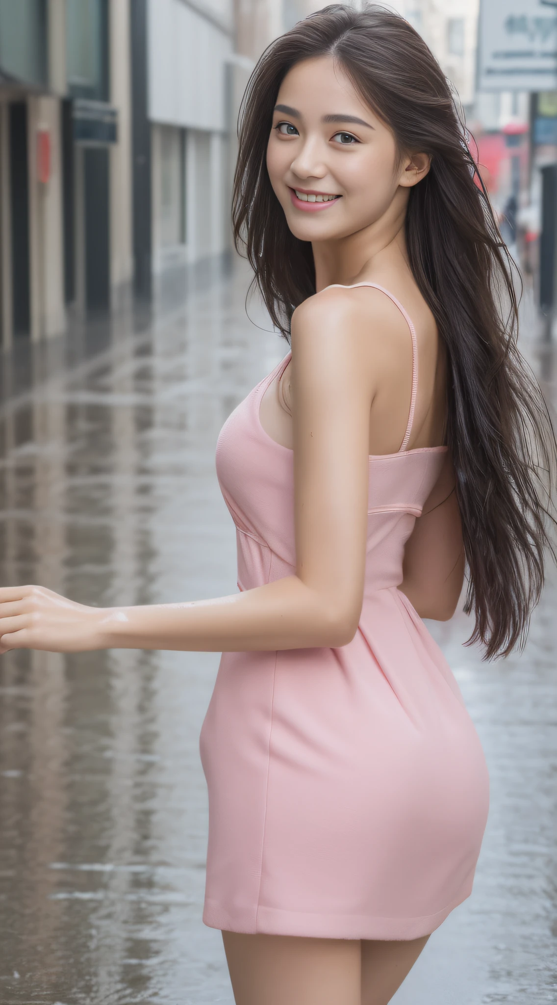 ((Best Quality, 8k, Masterpiece:1.3)), Focus: 1.2, Perfect Body Beauty: 1.4, Buttocks: 1.2, ((Long Hair)), (Wet Clothes:1.1) , (Rain, Street:1.3), Pink bandeau dress: 1.1, Highly detailed face and skin texture, Detailed eyes, Double eyelids, buttocks, Whitened skin, smile