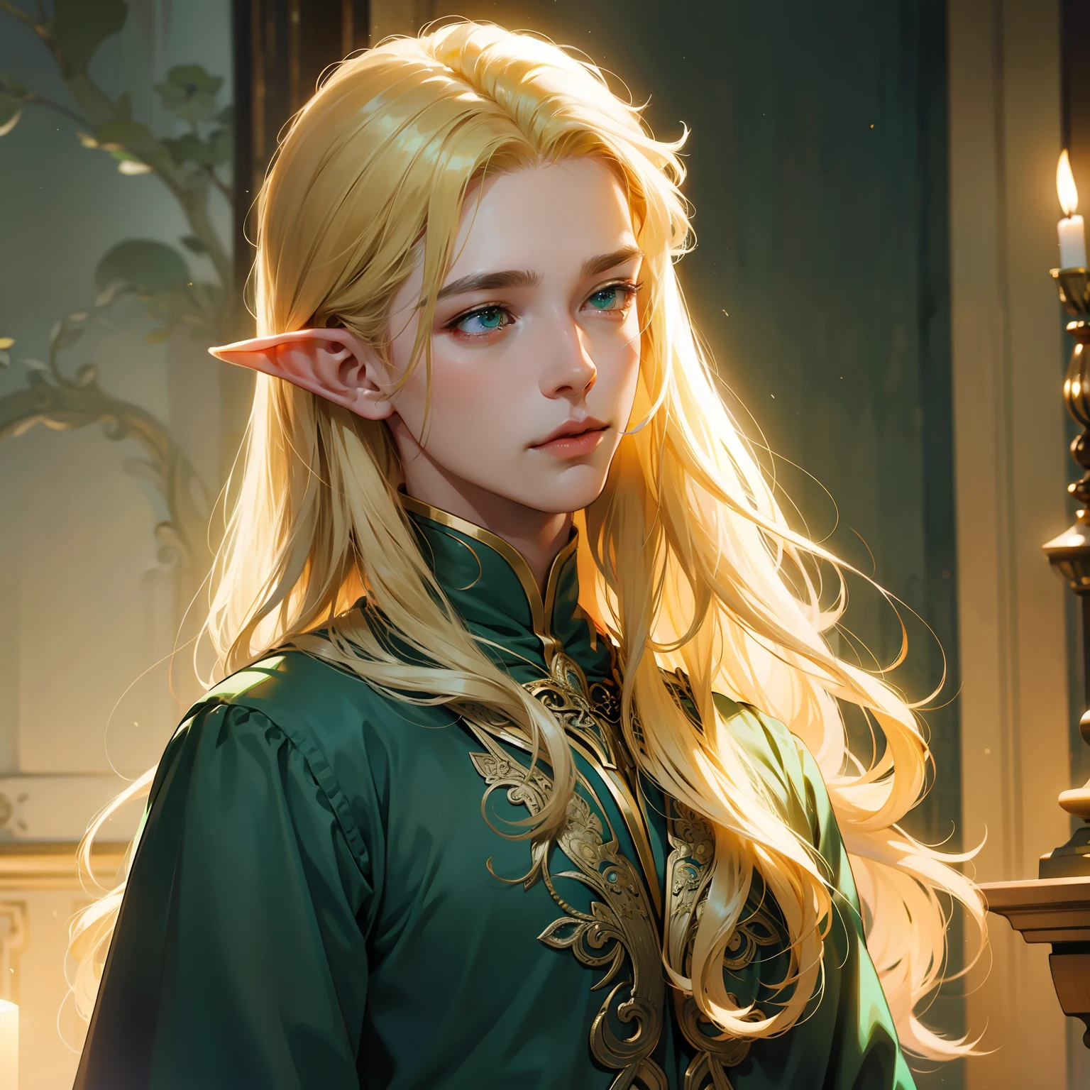 filigree,realisticlying,1boy ,独奏,Long blonde hair,Green eyes,elf prince,Delicate facial features,