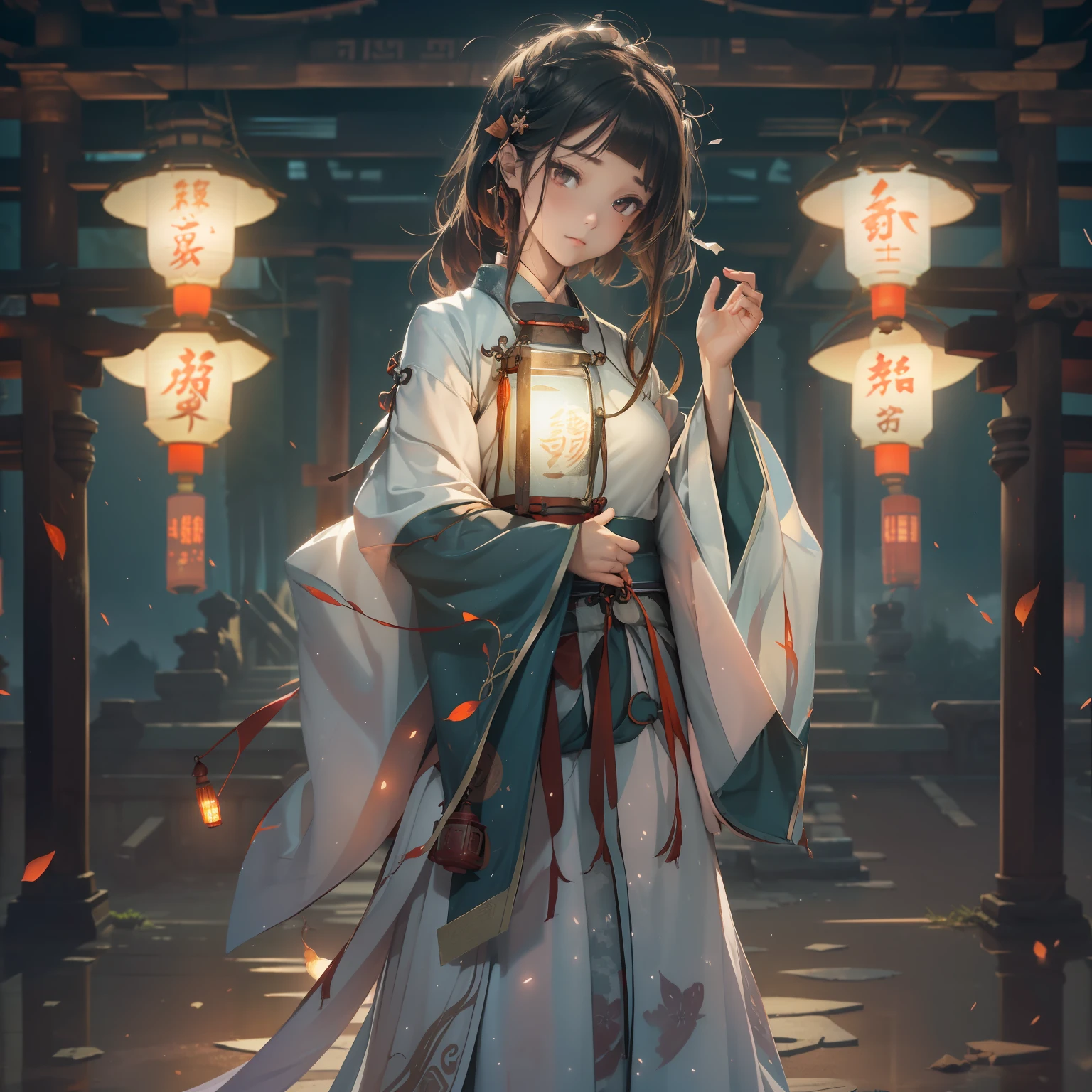 Very cute girl,G Cup Breasts,(Hanfu:1.6),(Hunfu skirt:1.3),(Bewitching:1.5),(The light of the mysterious lantern glows:1.4),16 years old,a short bob,(A crumbling abandoned temple with peeling paint:1.5),(dark sky:1.8),(top-quality:1.4) ,Melancholy look,(Prone to downcast eyes:1.4),Look away,(Vague and ephemeral:1.4),(Otherworldly:1.1),Less ambient light、Strong reflection,Slender eyes,(Mysterious Beauty:1.3),(Lantern light illuminating a shadowy face:1.3),